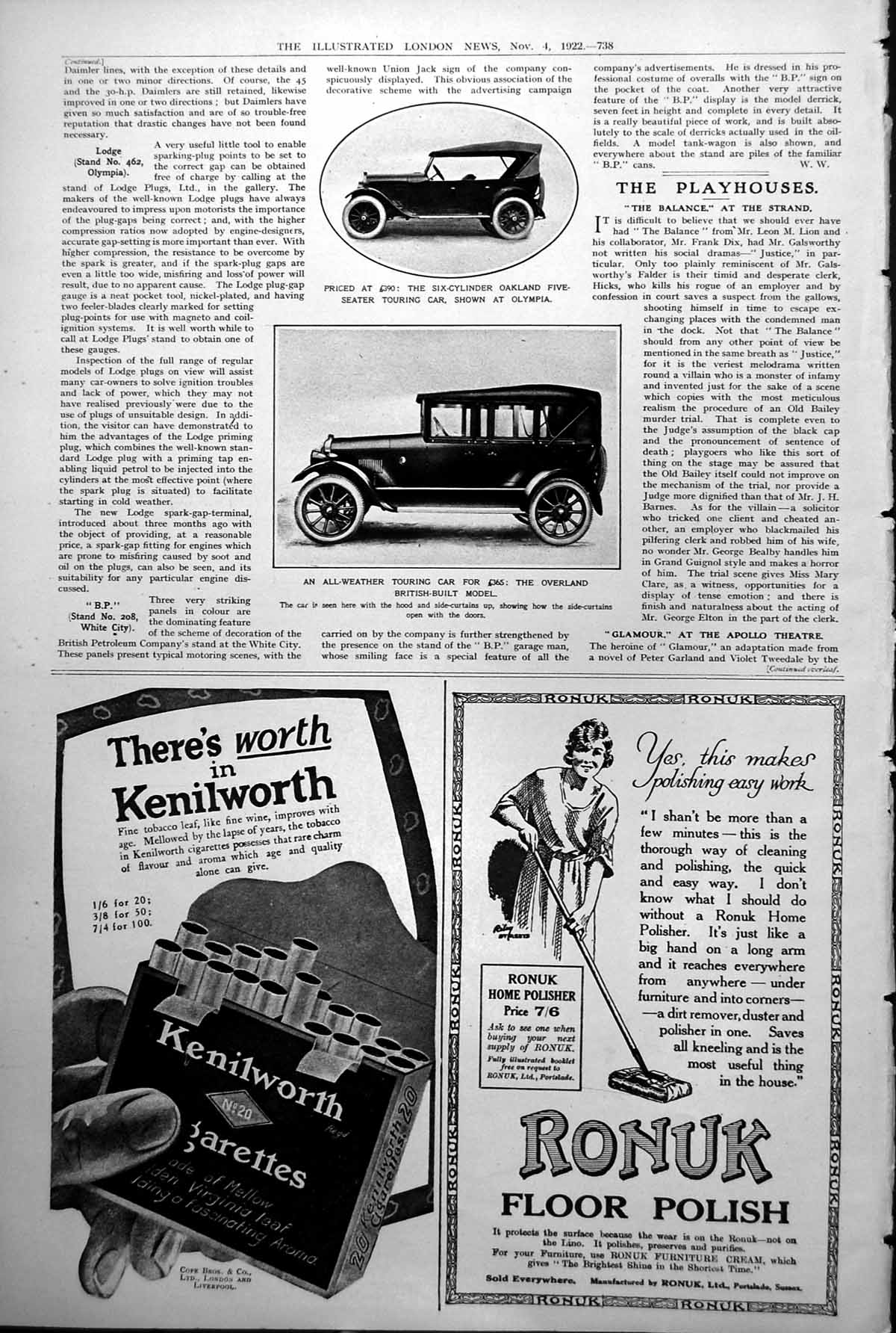 Old Print Six Cylinder Oakland Touring Car Overland Touring Car ú365 1922