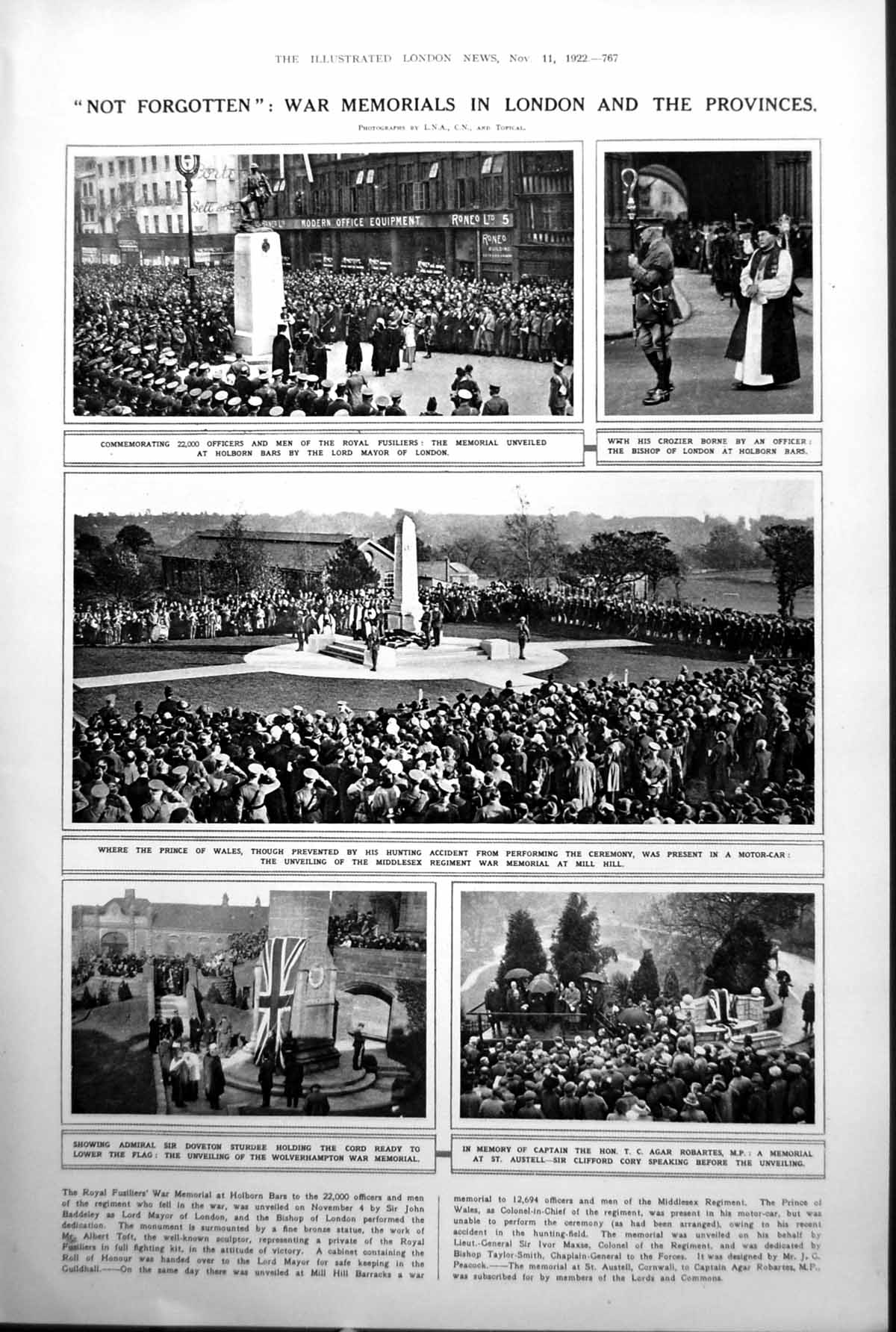 Old Print War Memorials Hoborn Bars Wolverhampton Play Judith Paris 1922 20th