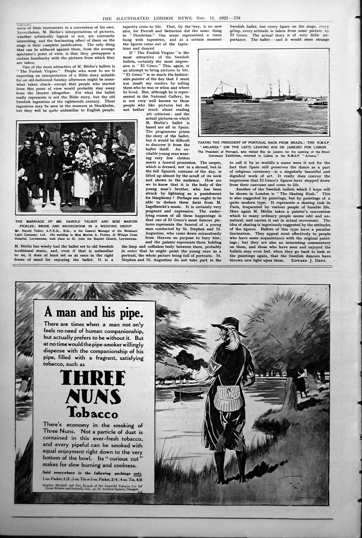 Old Print Marriage HarTalbot Marion Pickles Rmsp Arlanza Pr Portugal1922 20th