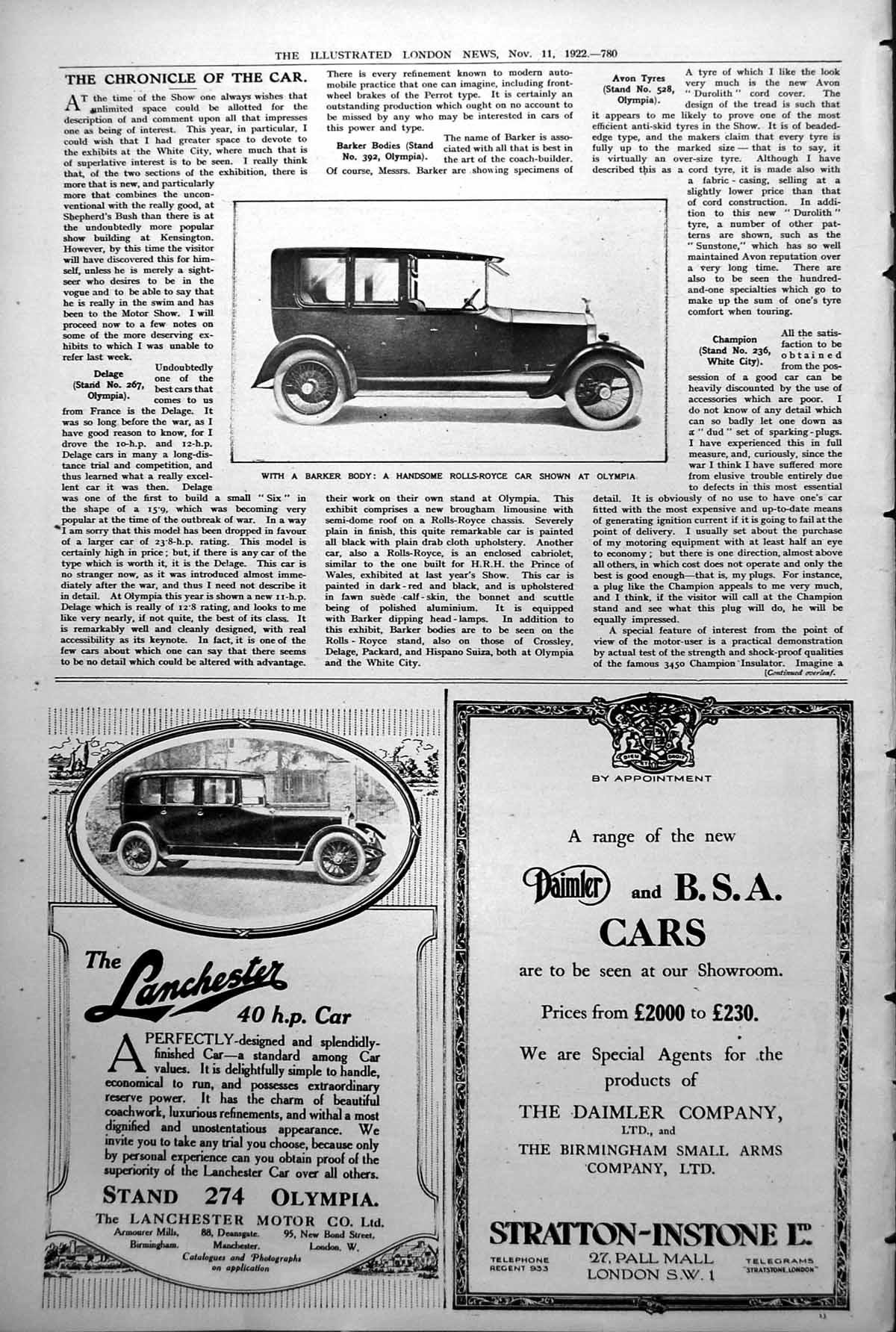 Antique Old Print Barker Body Rolls Royce Car Olympia Daimler B S A Cars 1922