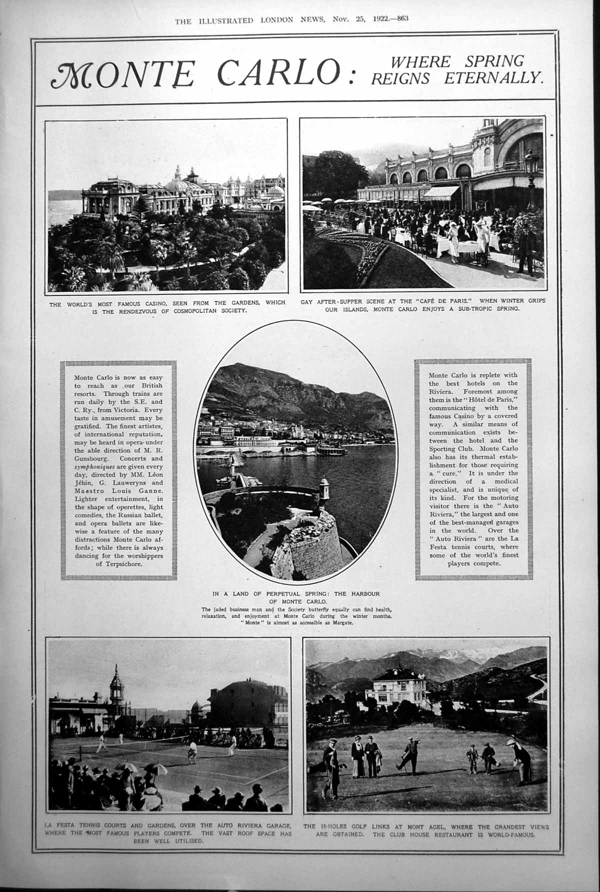Old Print Monte Carlo Casino Harbour Golf Links Beatrice Lillie Auriol Lee 1922