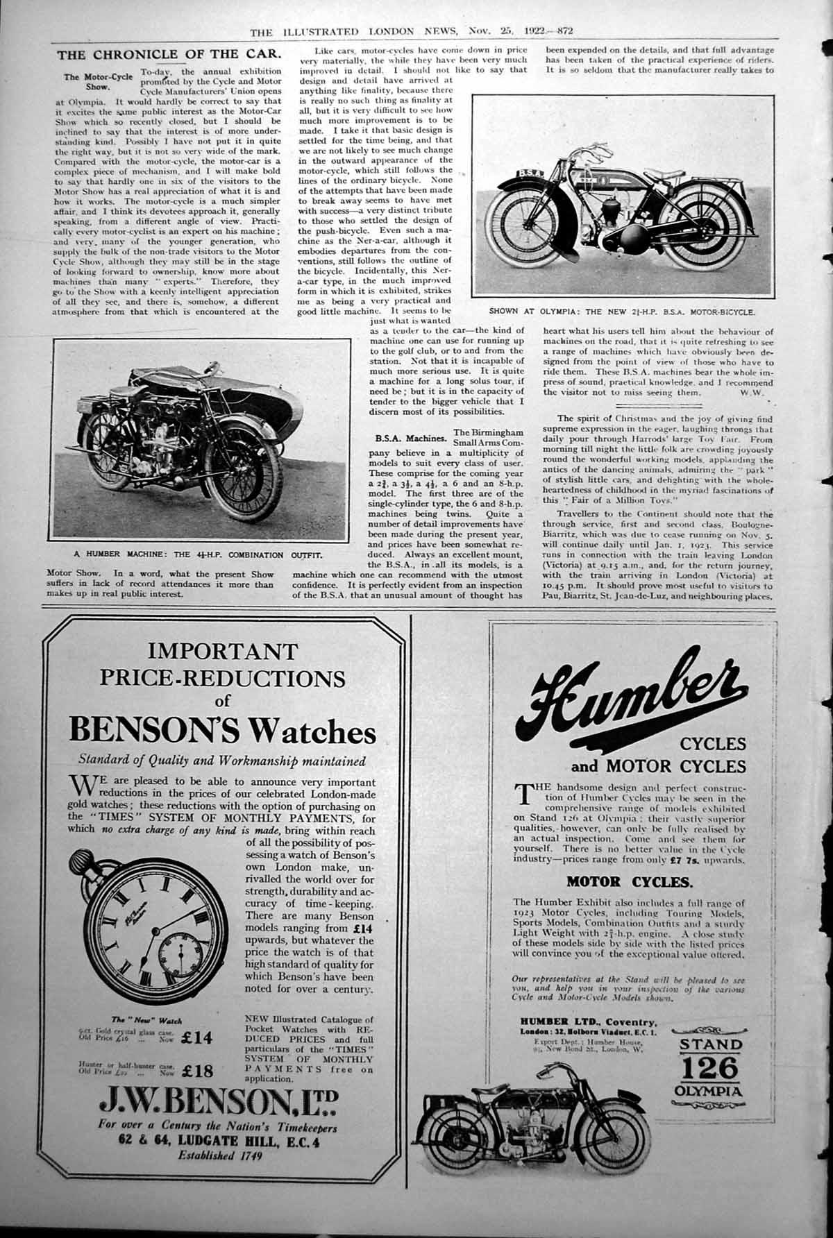 Old Print New B S A Motor Bicycle Olympia Humber Machine Combination 1922 20th