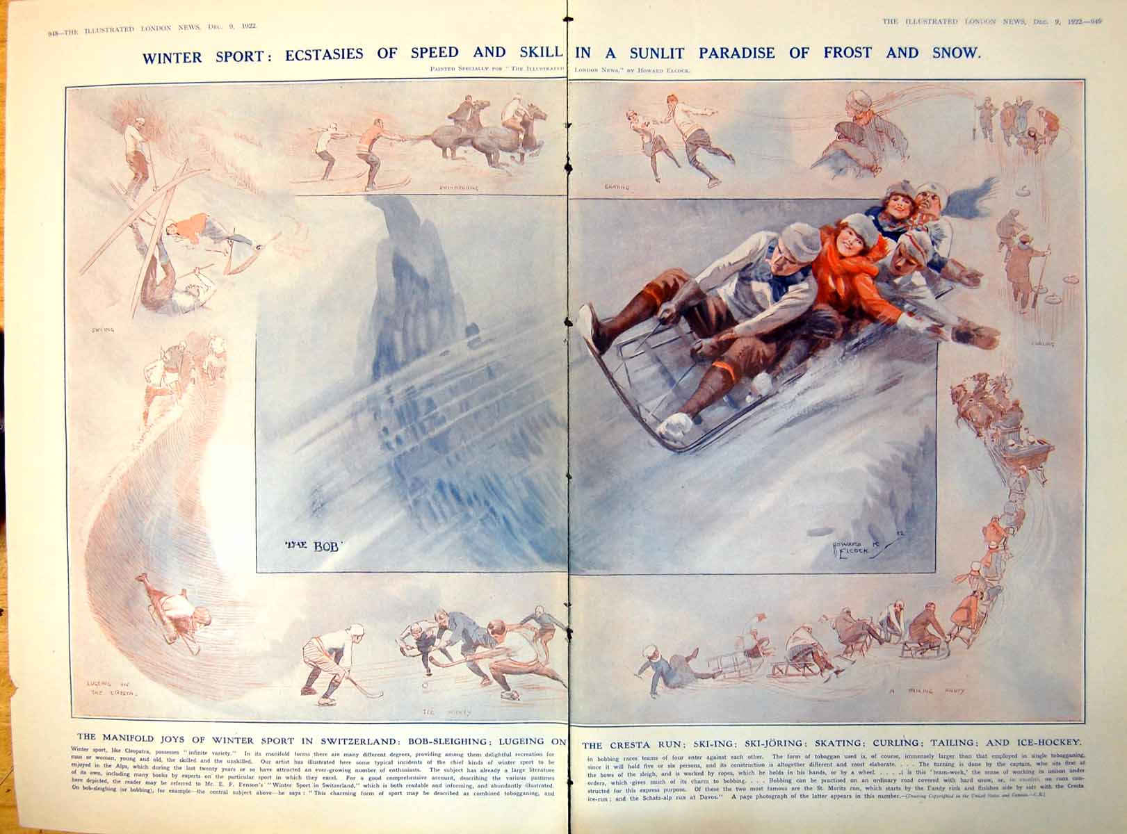 Print Winter Sport School Novices Skiing Bob Sleighing 1922 DamagedPages