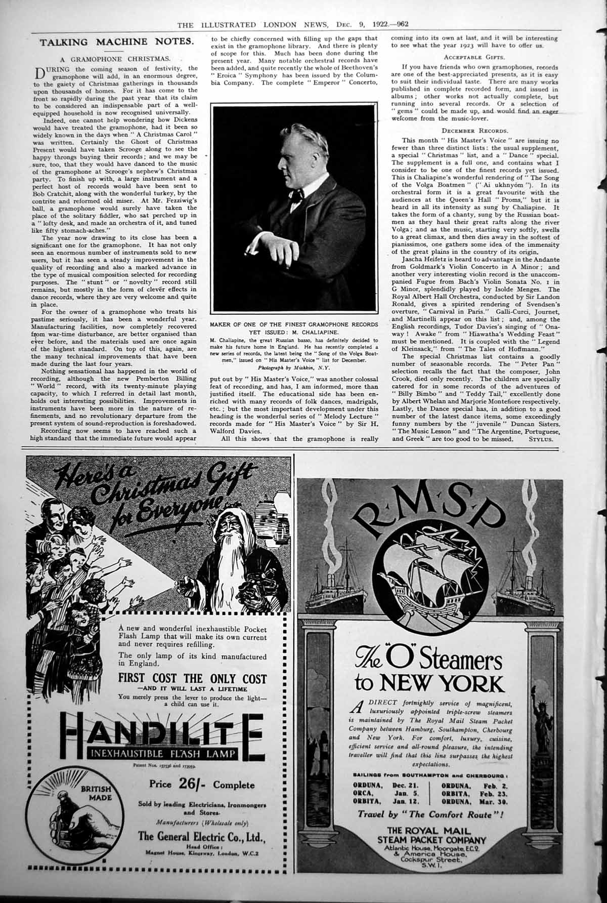 Old Print M Chaliapine Russian Basso Maker Finest Gramophone Record 1922 20th