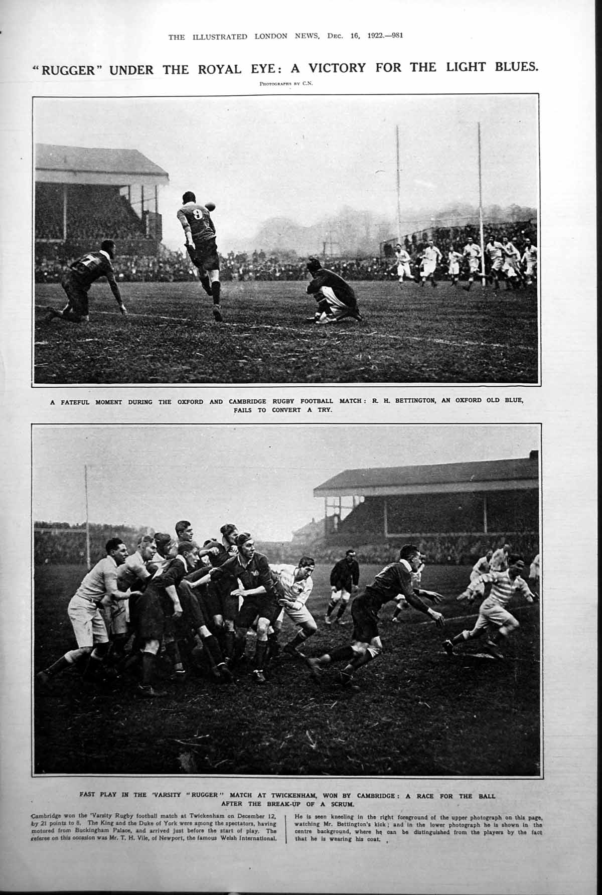 Old Print Varsity Rugby Twickenham Ireland Rory O Conner Sean Hales 1922 20th