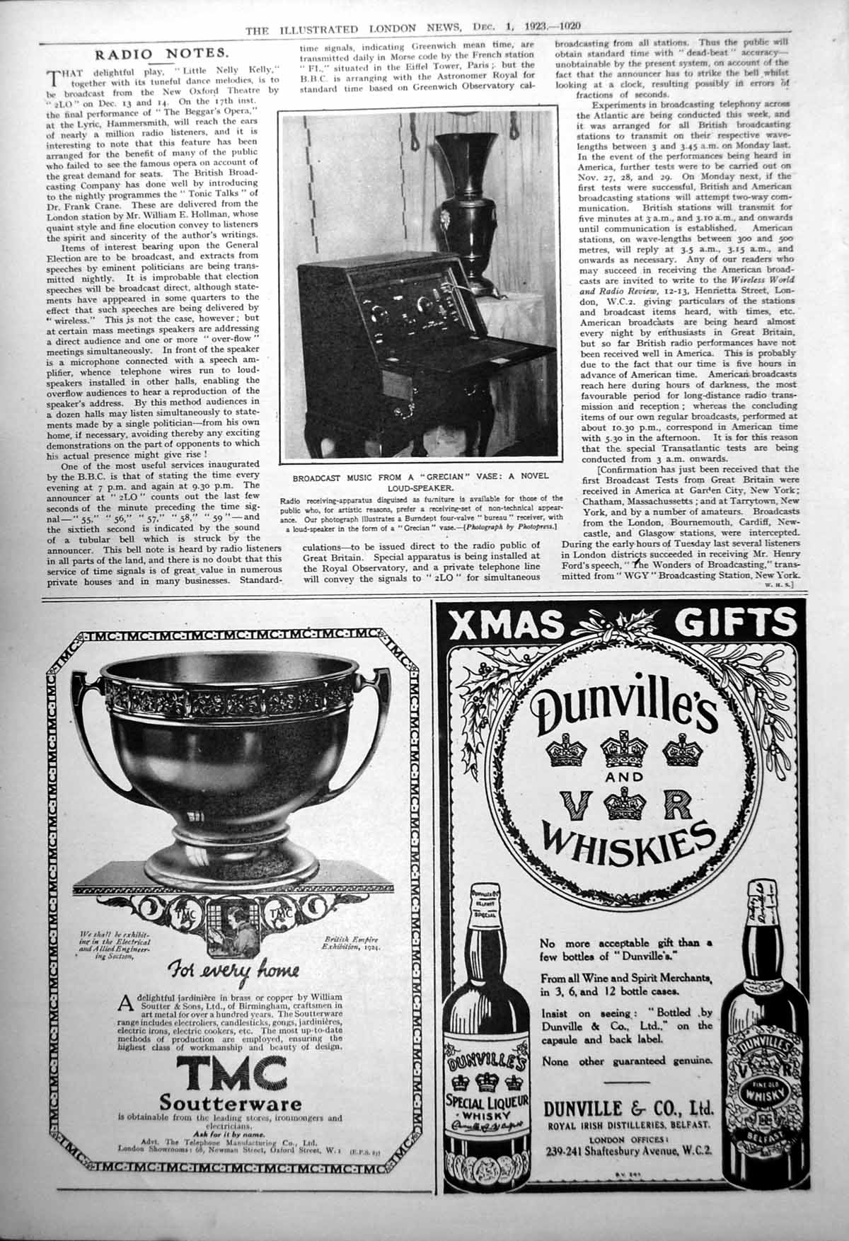 Old Broadcast Music From A ?Grecian? Vase A Novel Loud-Speaker 1923 20th