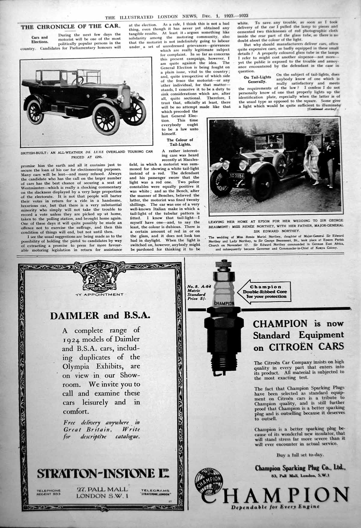 Antique Old Print All-Weather Deluxe Overland Touring Car Wedding Party 1923