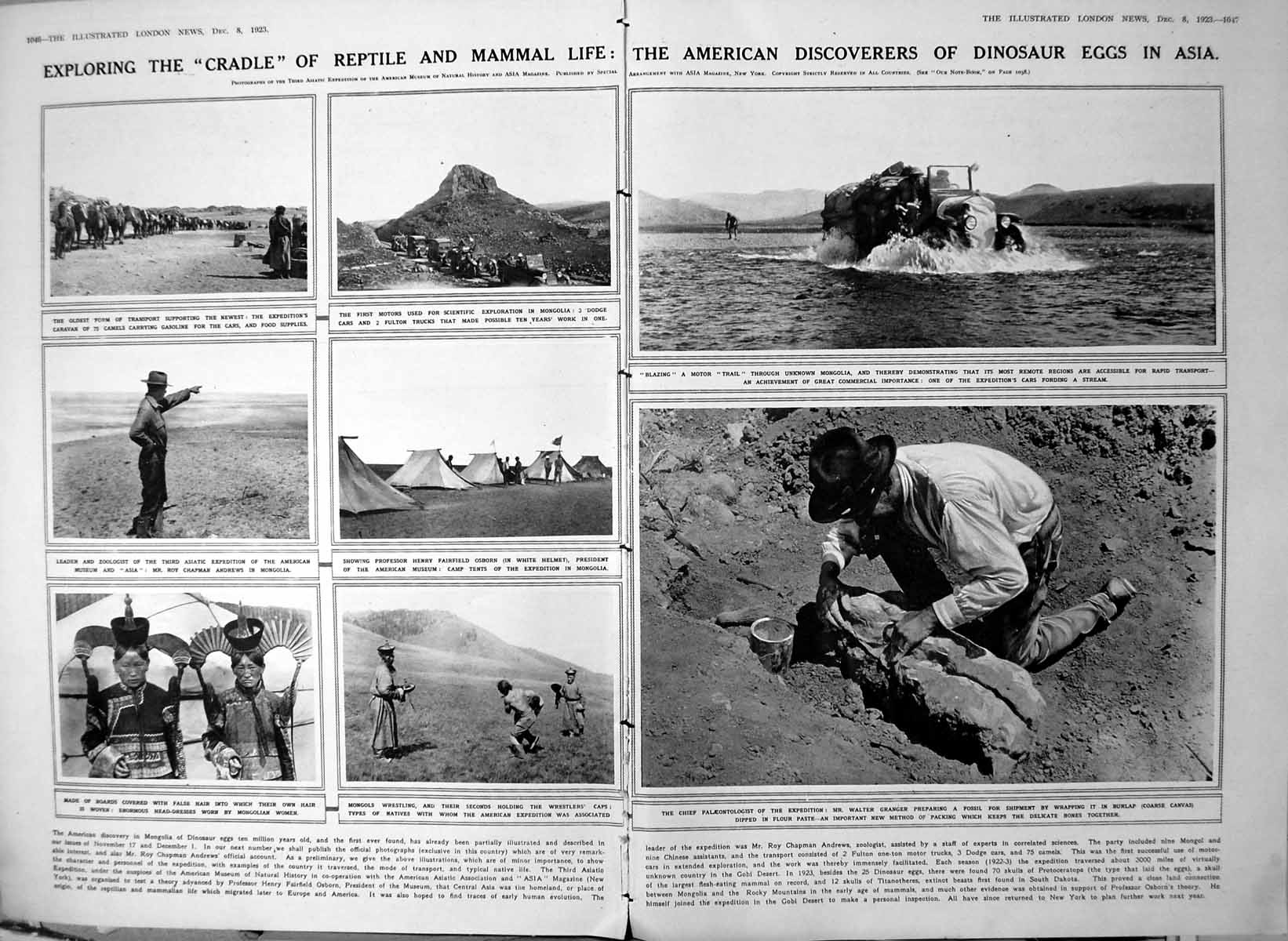 Old Print Damaged American Discoverers Dinosaur Eggs Asia Mongolia 1923 20th