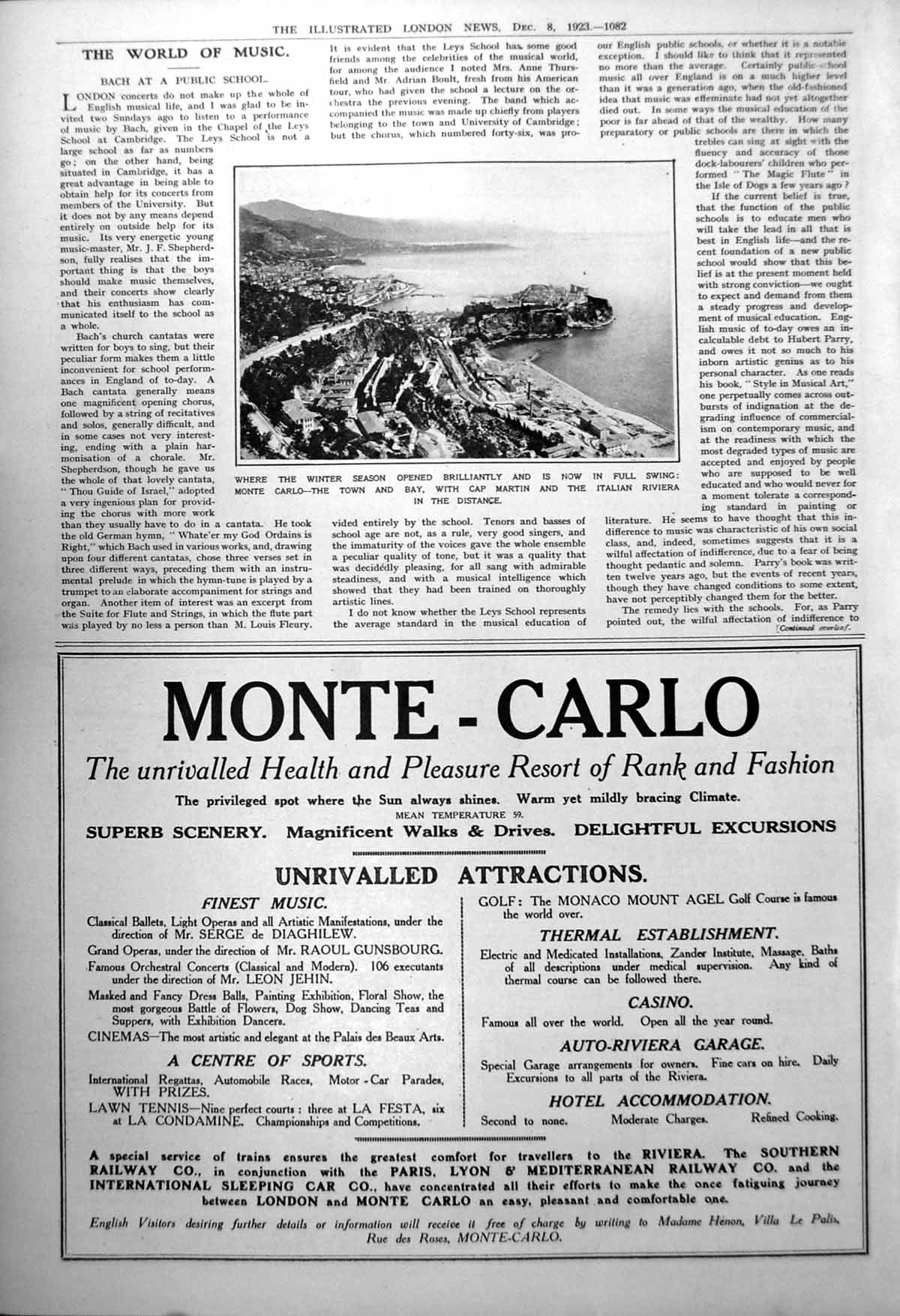 Old Print Monte Carlo Town Bay Cap Martin Italian Riviera Distance 1923 20th