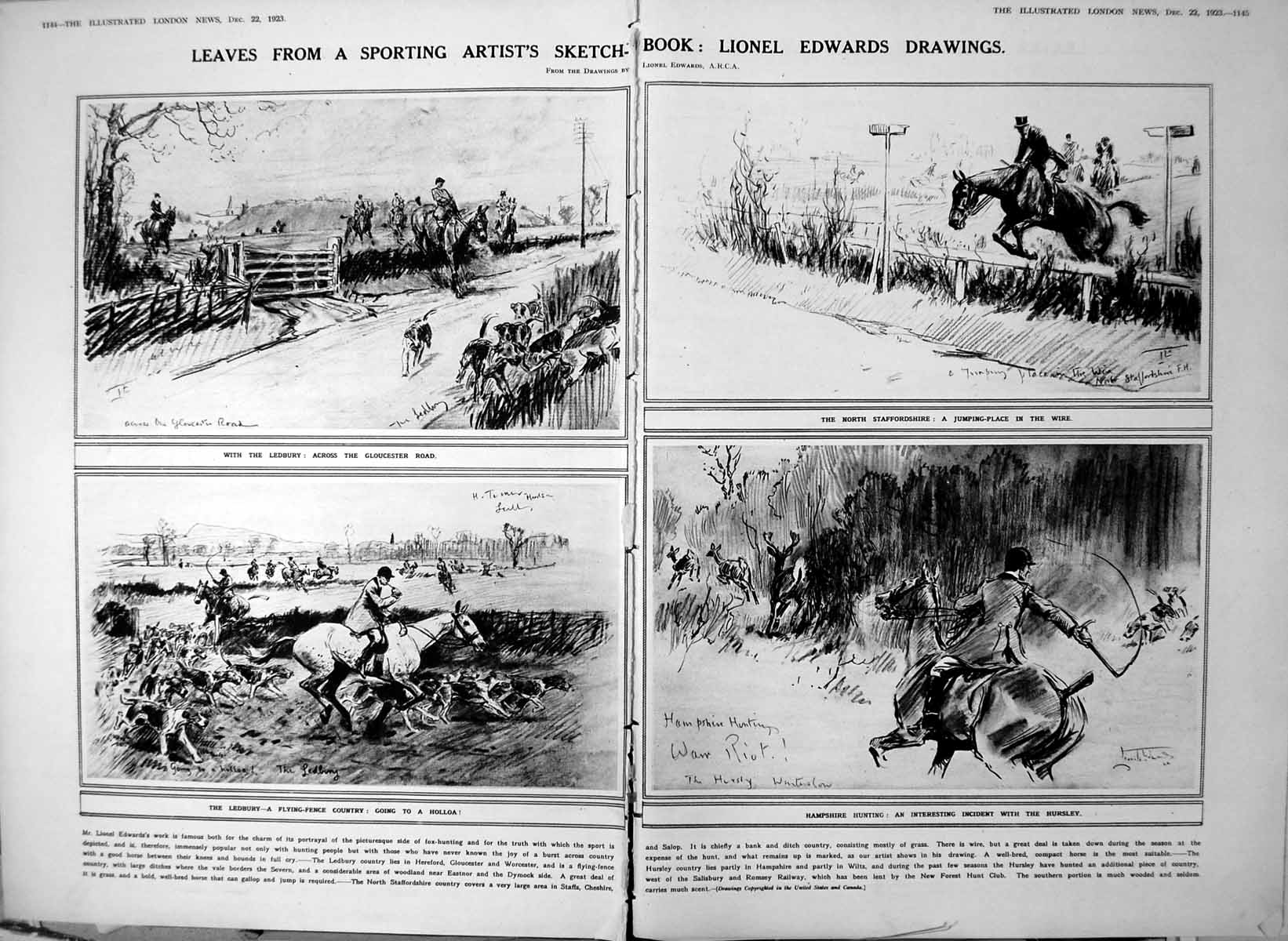 Antique Old Print Damaged Lionel Edwards Drawings Sport Melbourne Riots 1923