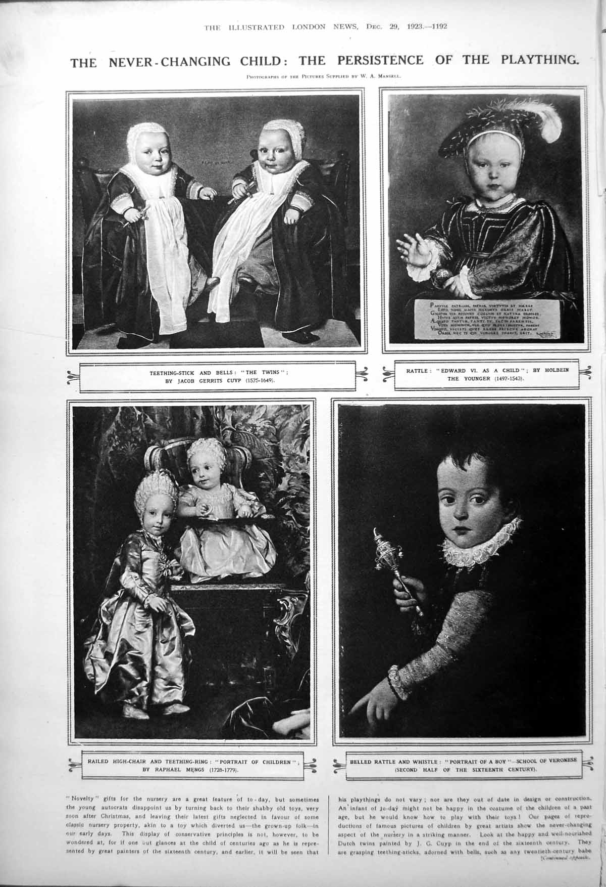 Antique Print Portraits Children Through Ages Playthings Rattle Bells 1923