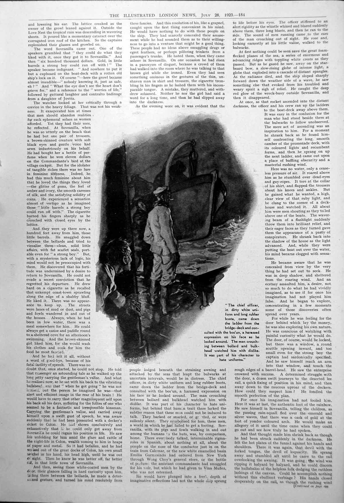 Antique Print Chief Officer Bosun Discussions Ship Lifeboat Stow-Away 1923 20th