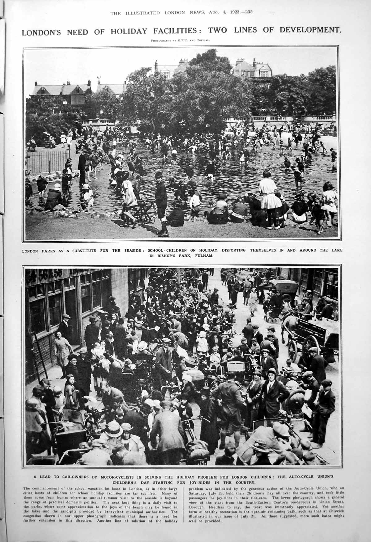 Old Print Holiday Activities Children London Paddling Park Fashions 1923 20th