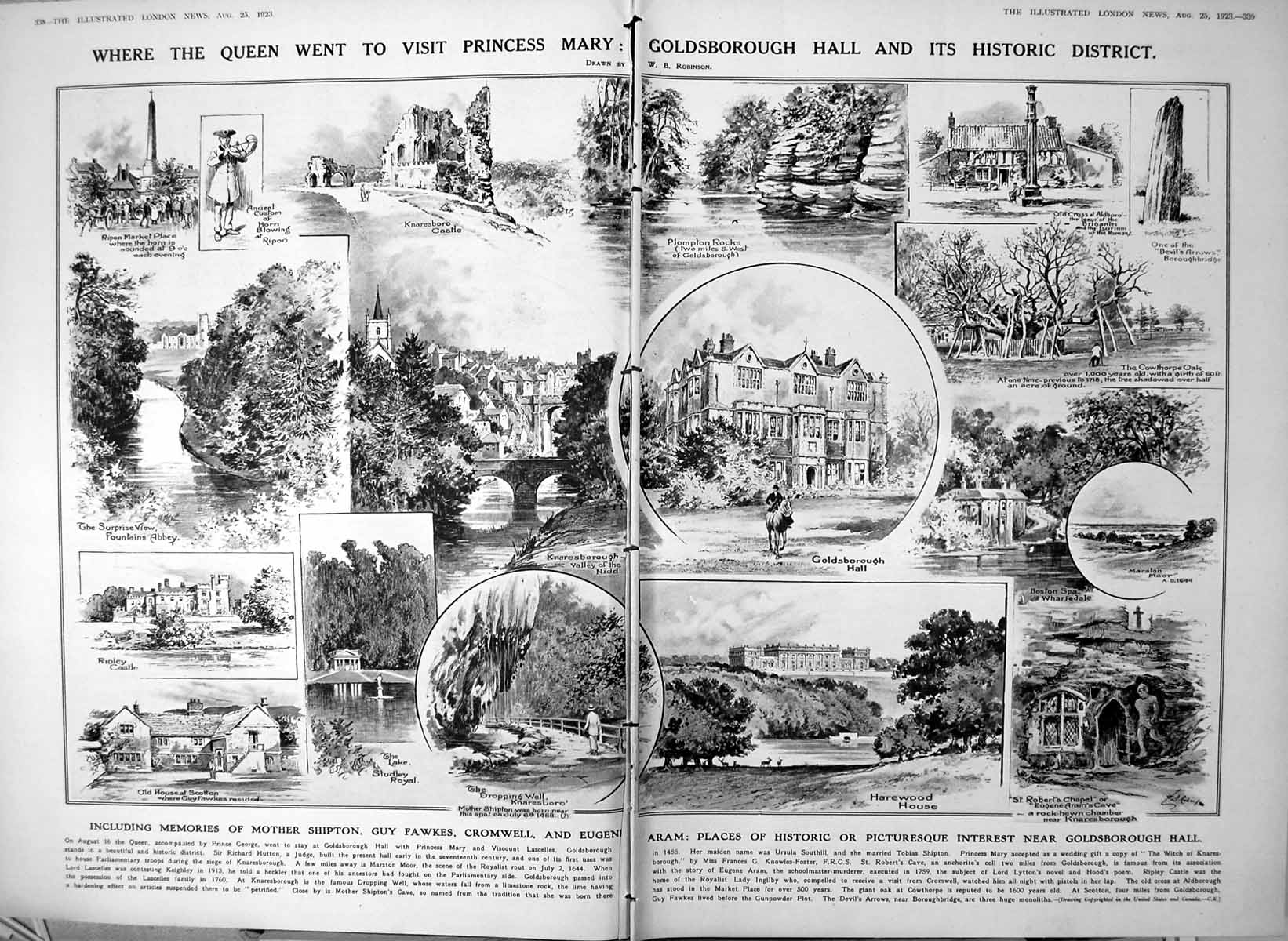 Old Vintage Print Damaged Gsborough Hall Knaresborough Wharfedale 1923 20th