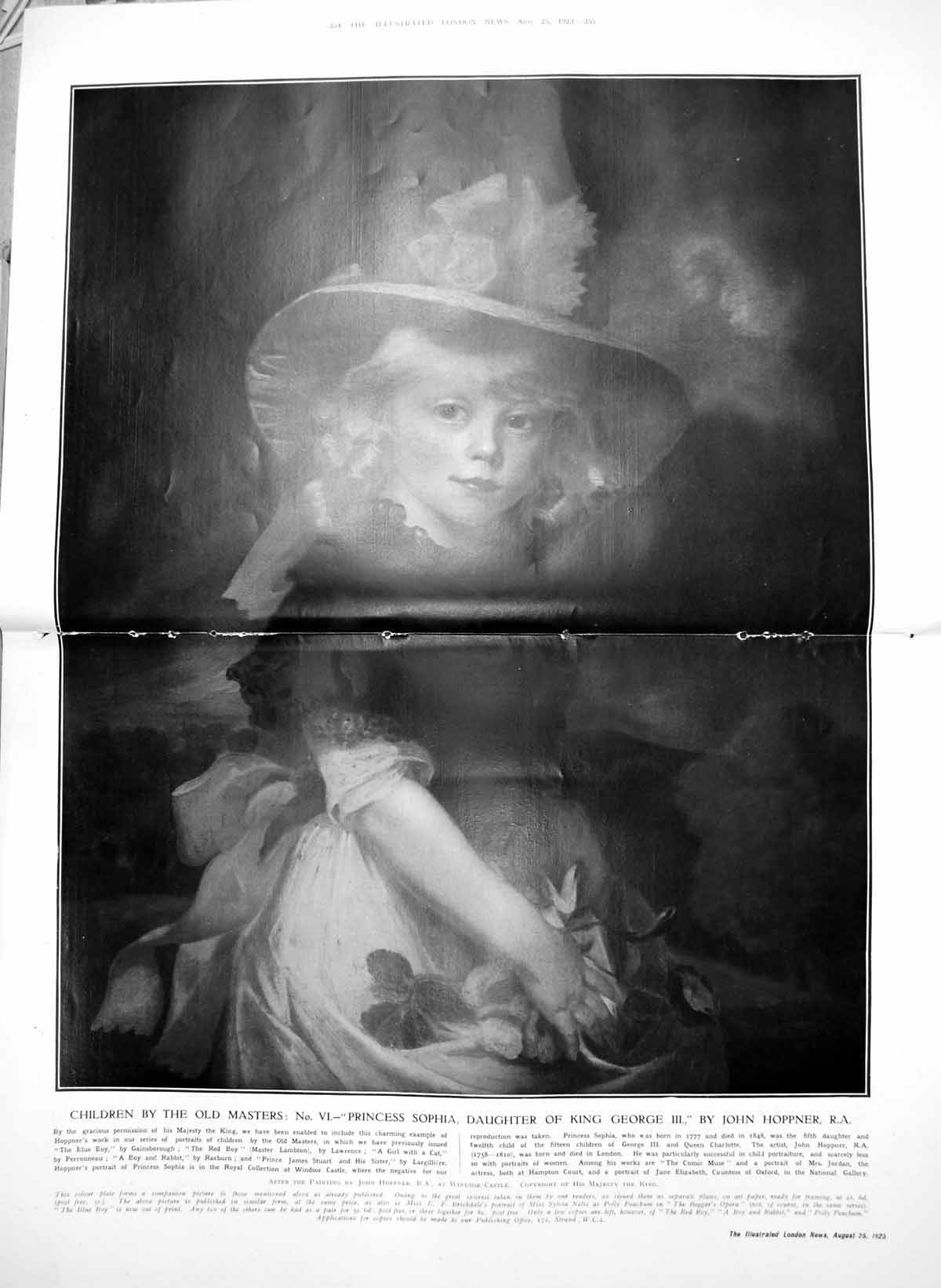 Old Print Princess Sophia Daughter King George Iii J Hoppner Colour 1923 20th