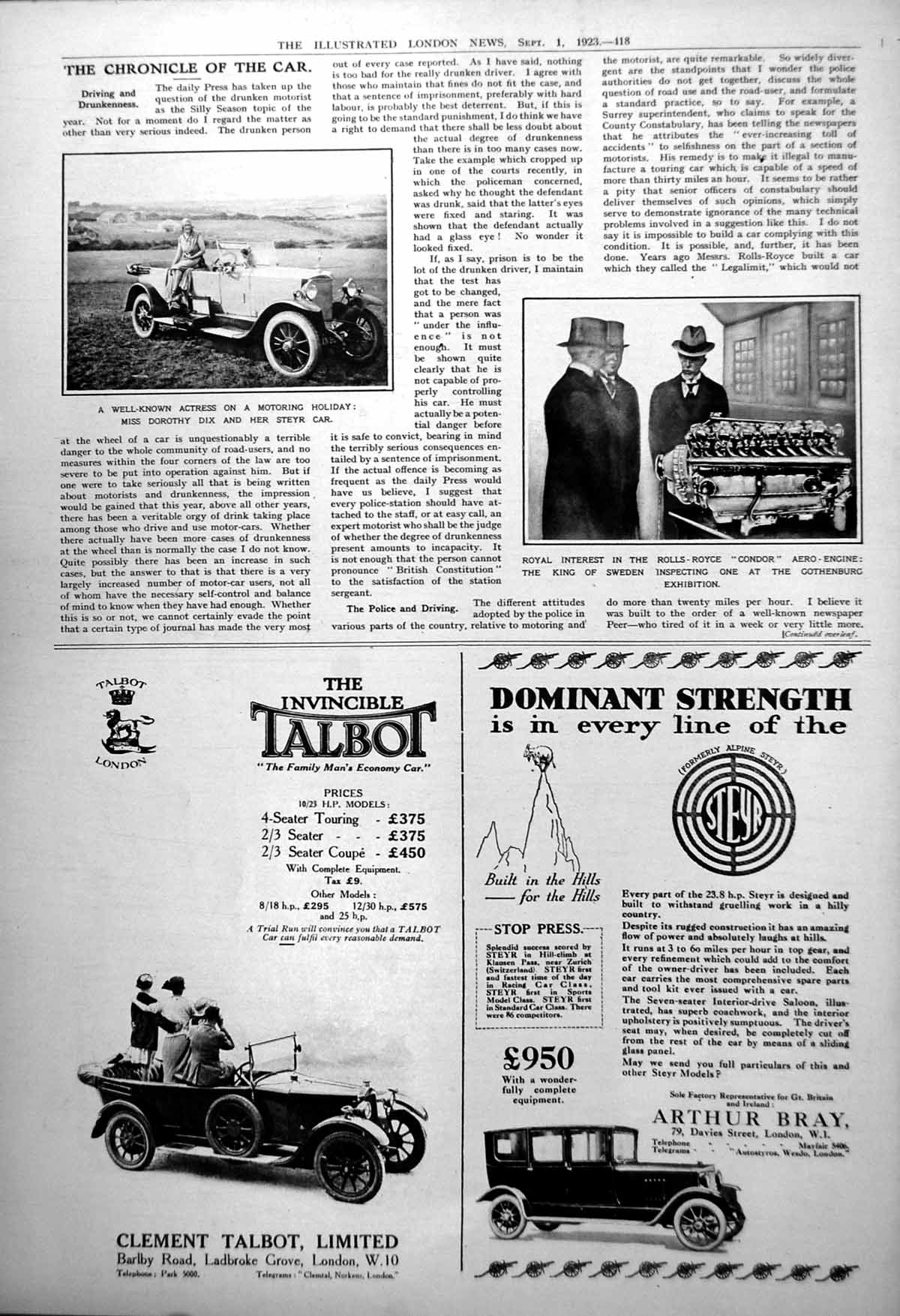 Antique Old Print Dorothy Dix Steyr Car King Sweden Rolls-Royce Engine 1923