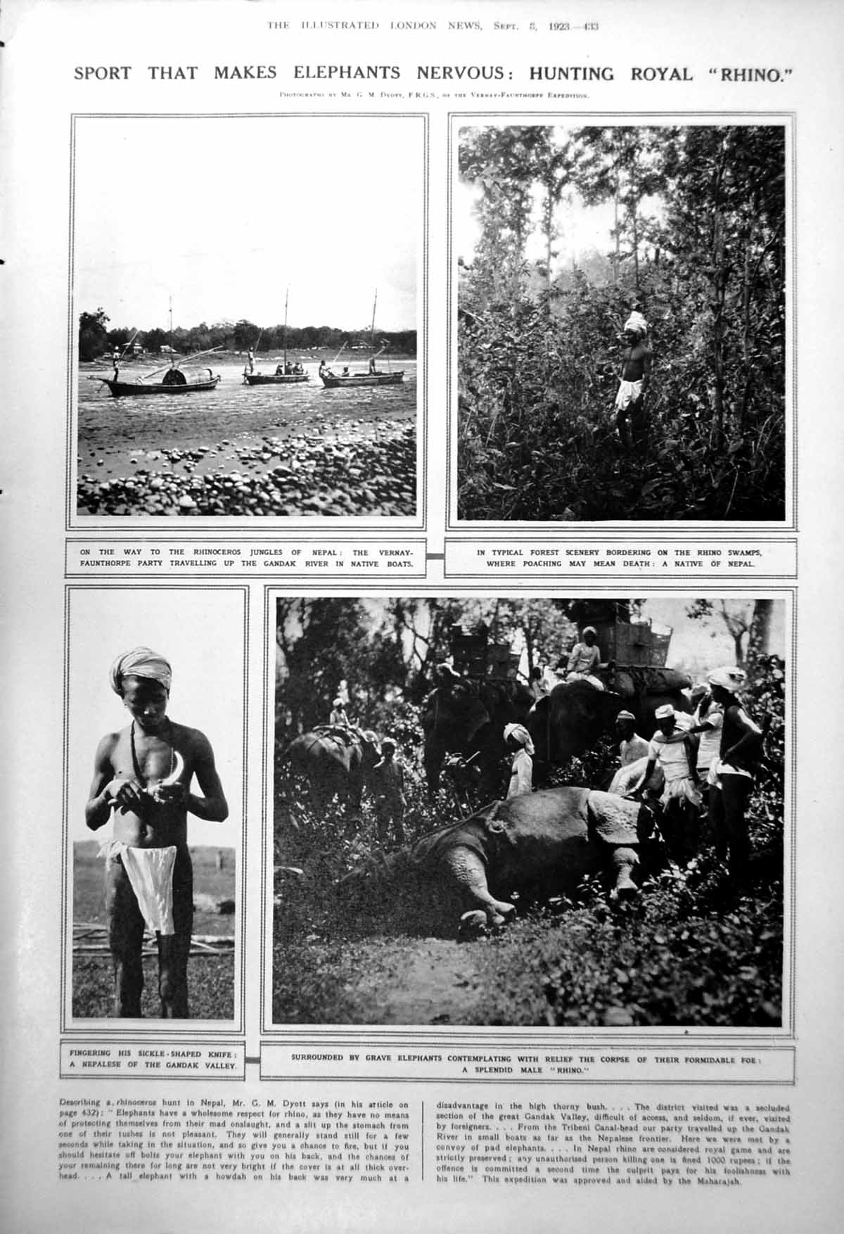 Old Print Hunting Royal Rhino Nepal Elephants Following Spoor Shot 1923 20th