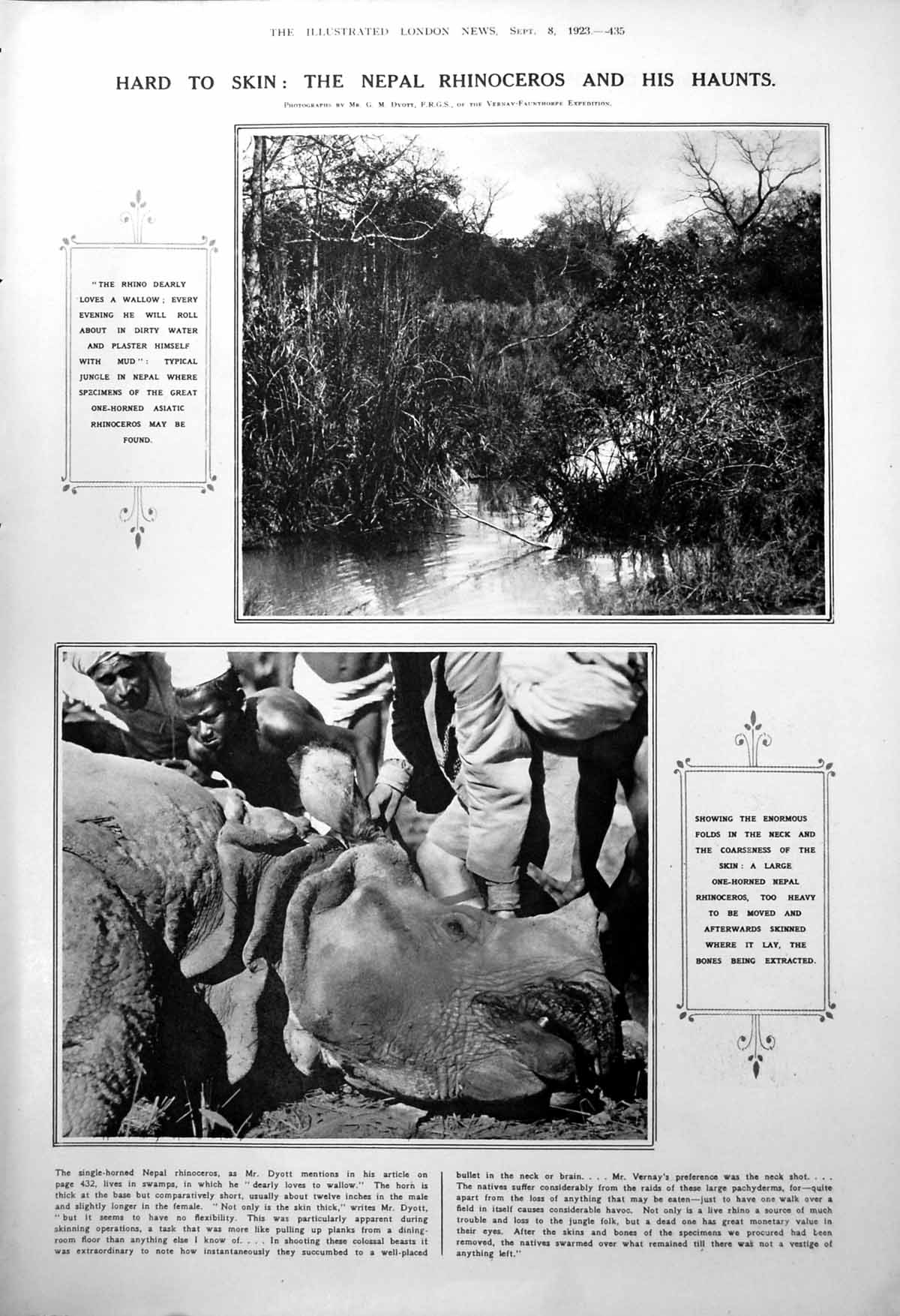 Old Print Nepal Rhinoceros Haunts Hard Skin Bones Skinned On Ground 1923 20th