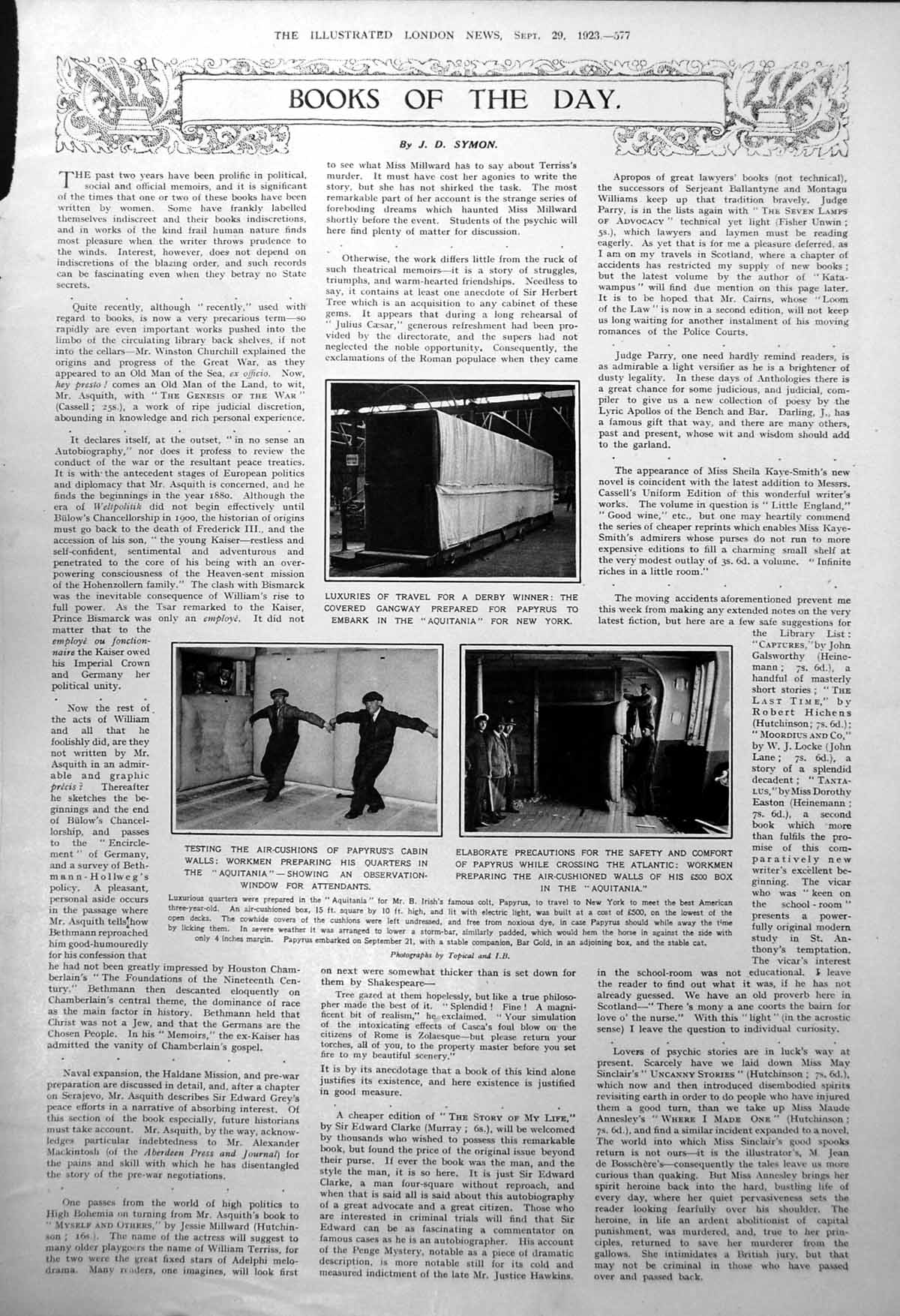 Old Papyrus Derby Winner Heading New York Aquitania Air Cushions 1923 20th