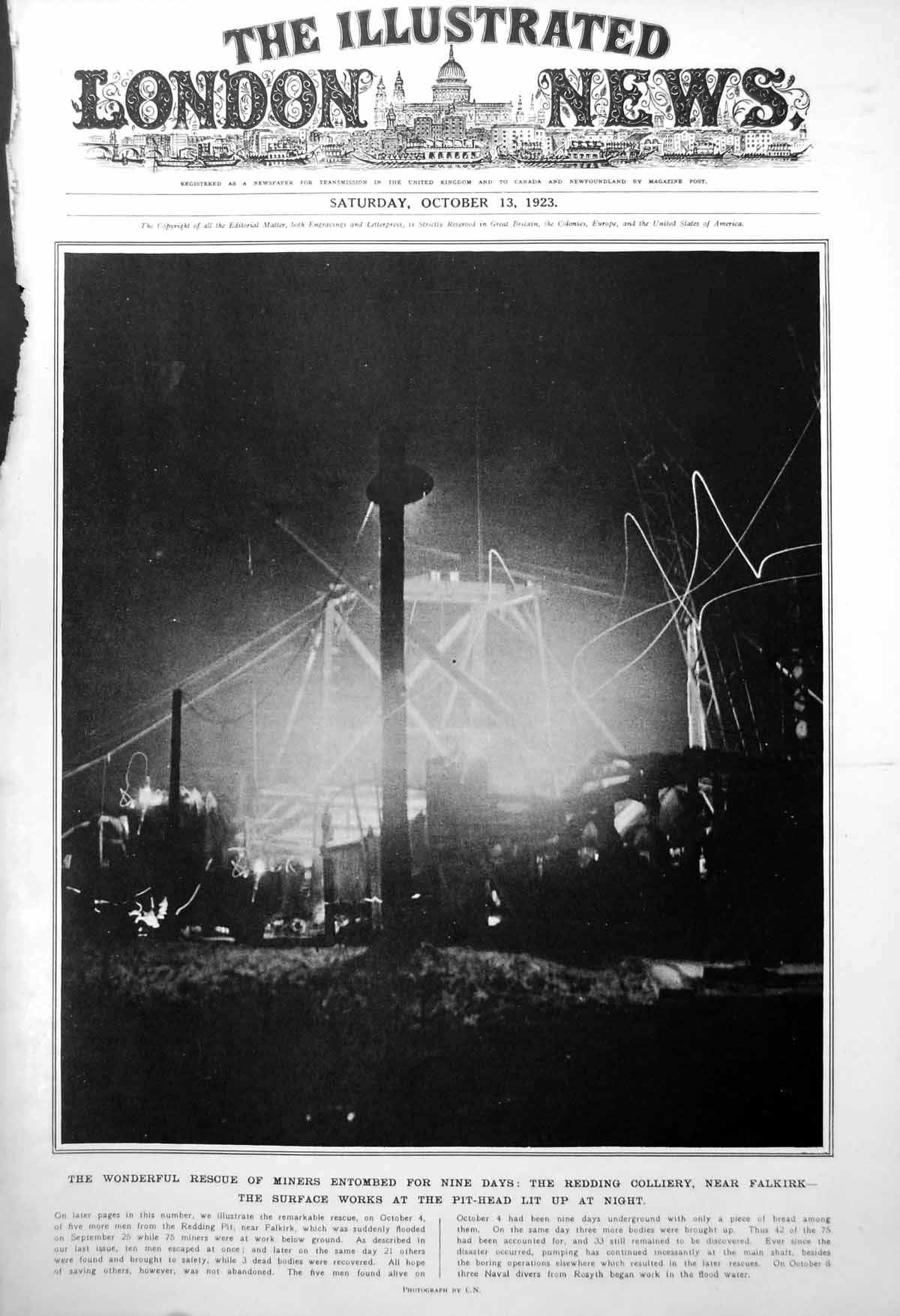 Old Print Redding Colliery Rescue Miners Near Falkirk Pithead Lit Up 1923 20th