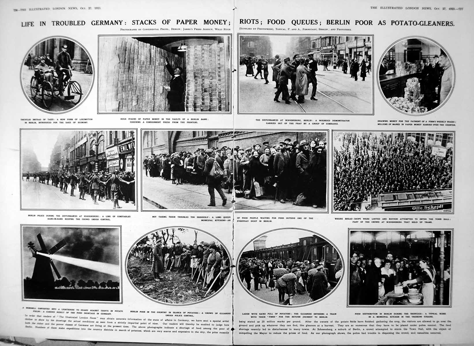 Old Print Damaged Life In Troubled Germany Food Queues Stacks Money 1923 20th