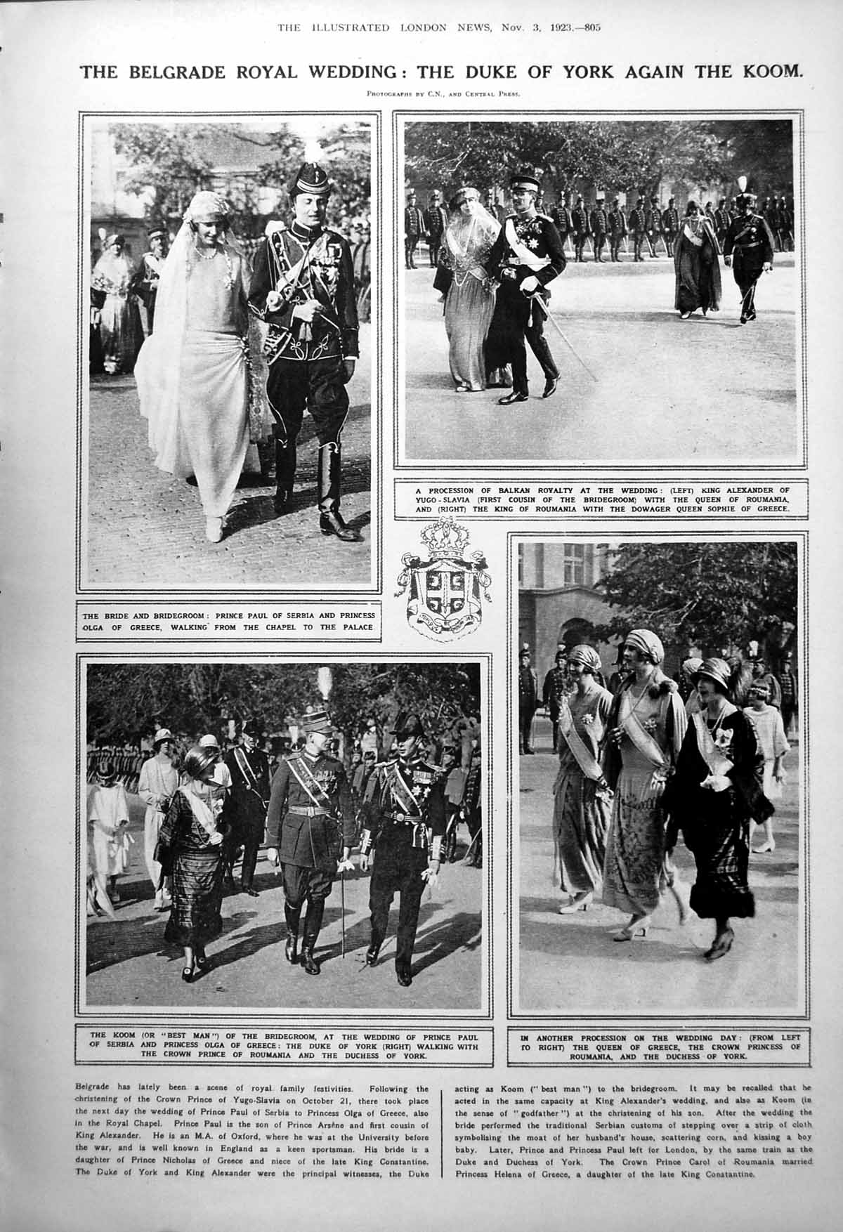 Old Royal Wedding Olga Greece Paul Serbia British Empire Delegates 1923 20th