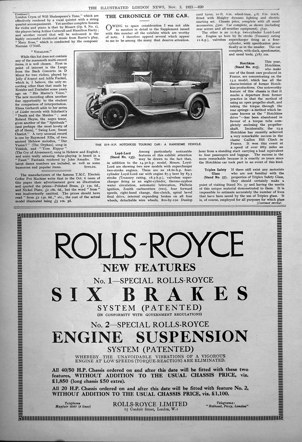 Antique Old Print 15.9 Hp Hotchkiss Touring Car Handsome Vehicle French 1923