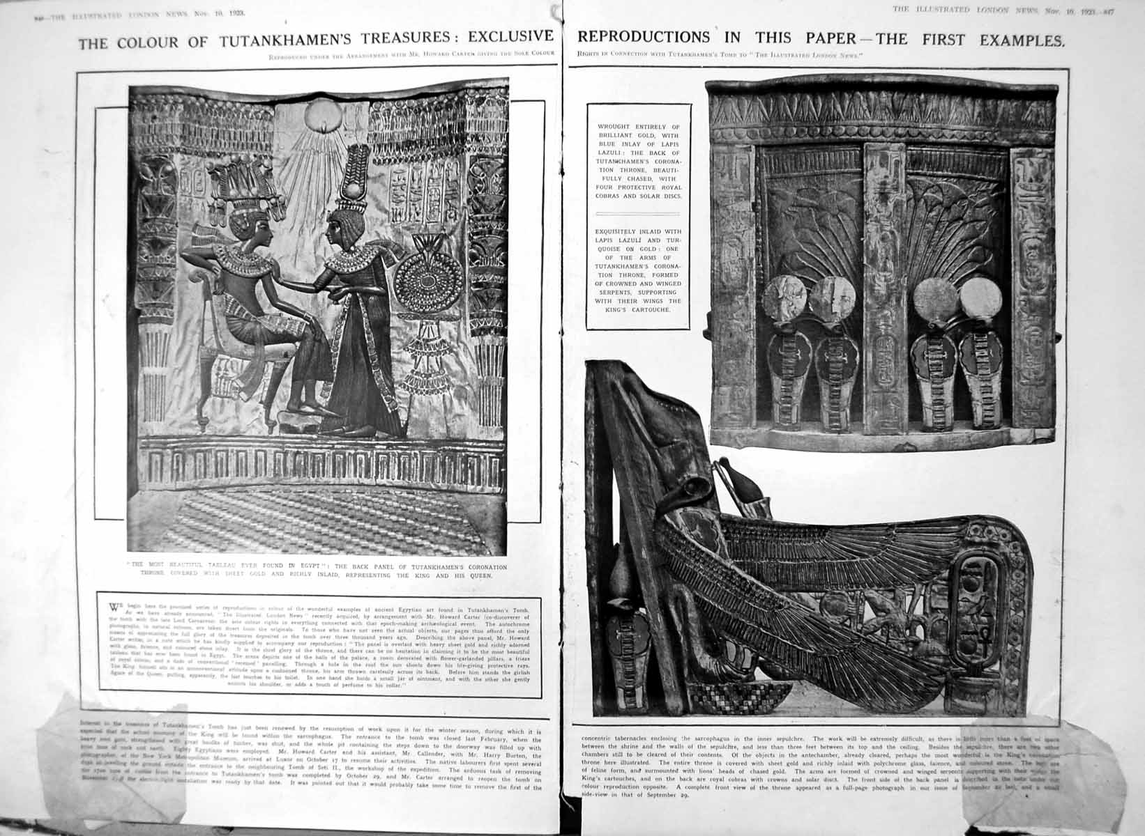 Antique Print Damaged Colour Tutankhamens Treasure Coronation Throne 1923 20th