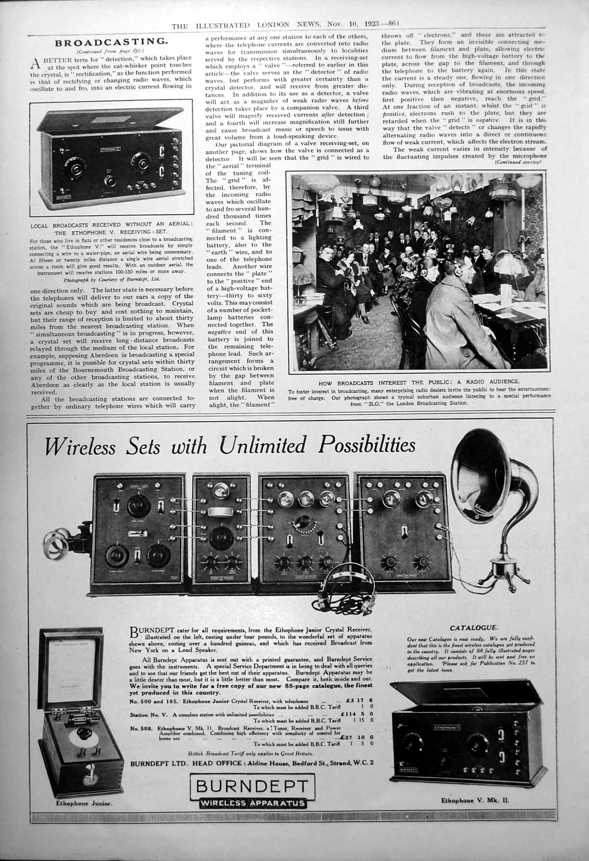 Antique Old Print Radio Broadccasting Audience Ethophone V Receiving Set 1923