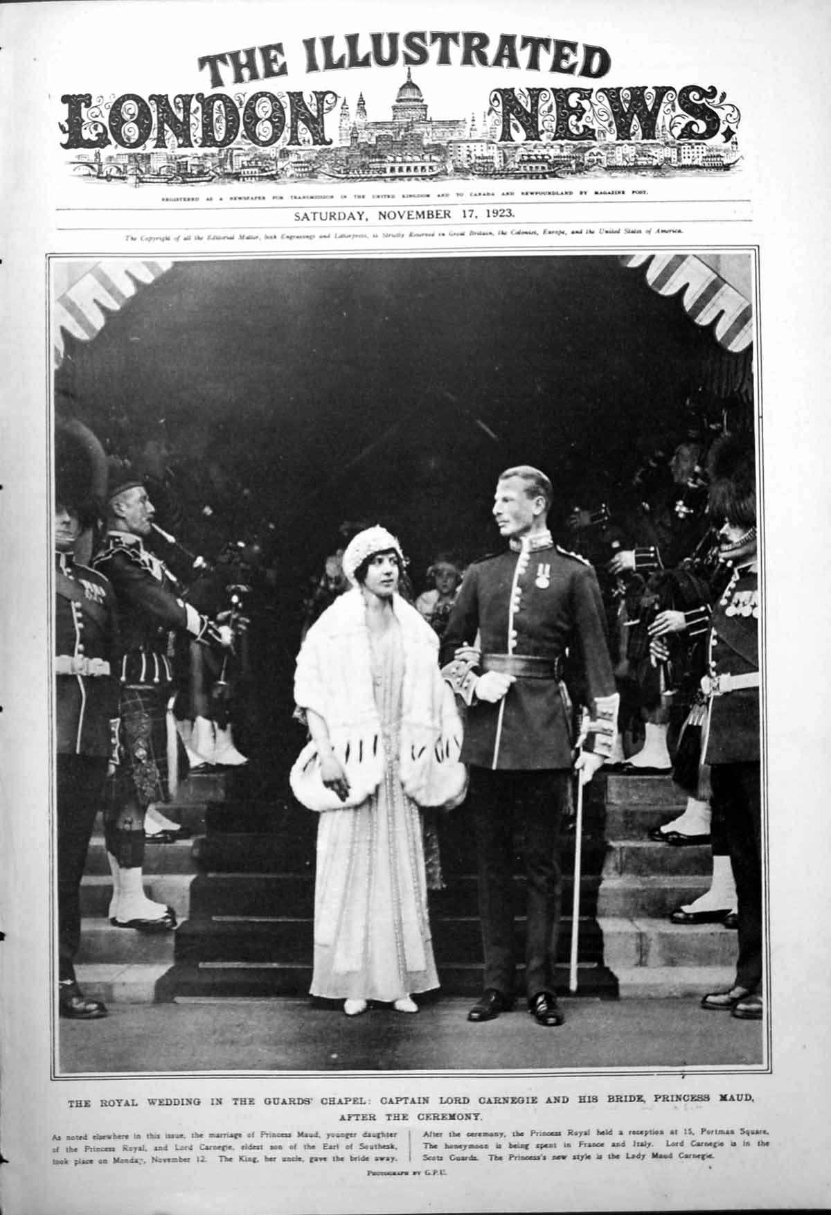 Antique Old Print Lord Carnegie Princess Maud Wedding Armistice Wreath 1923