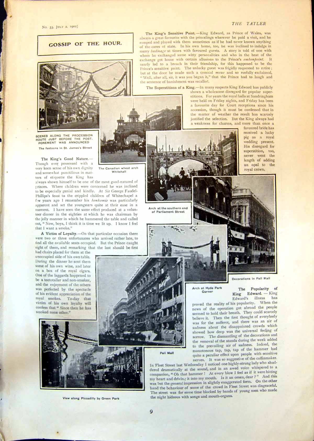 Antique Old Print Piccadilly Pall Mall Arch Hyde Park News Kings Illness 1902