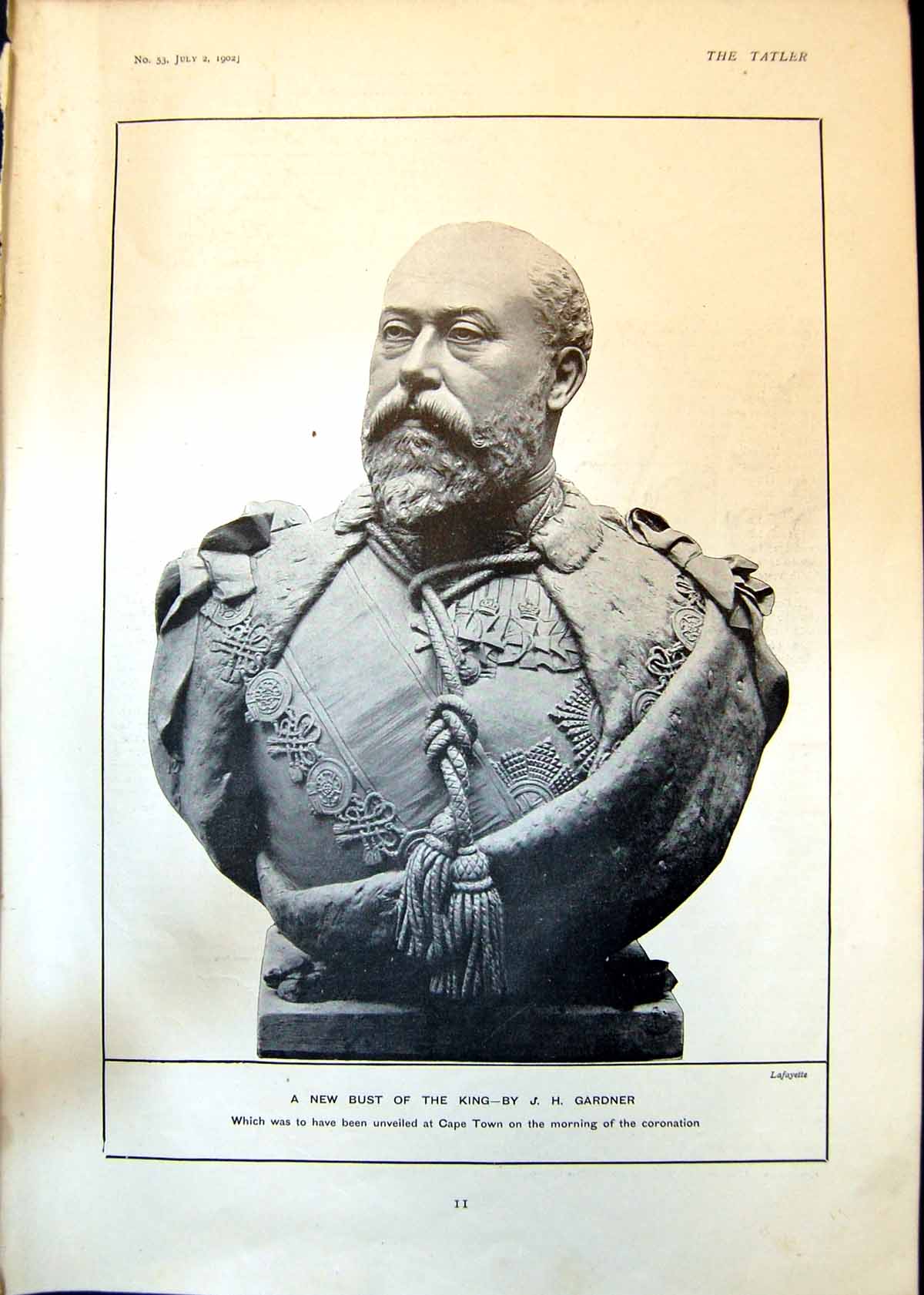 Antique Old Print Bust King Gardner Reading Bulletin Buckingham Palace 1902