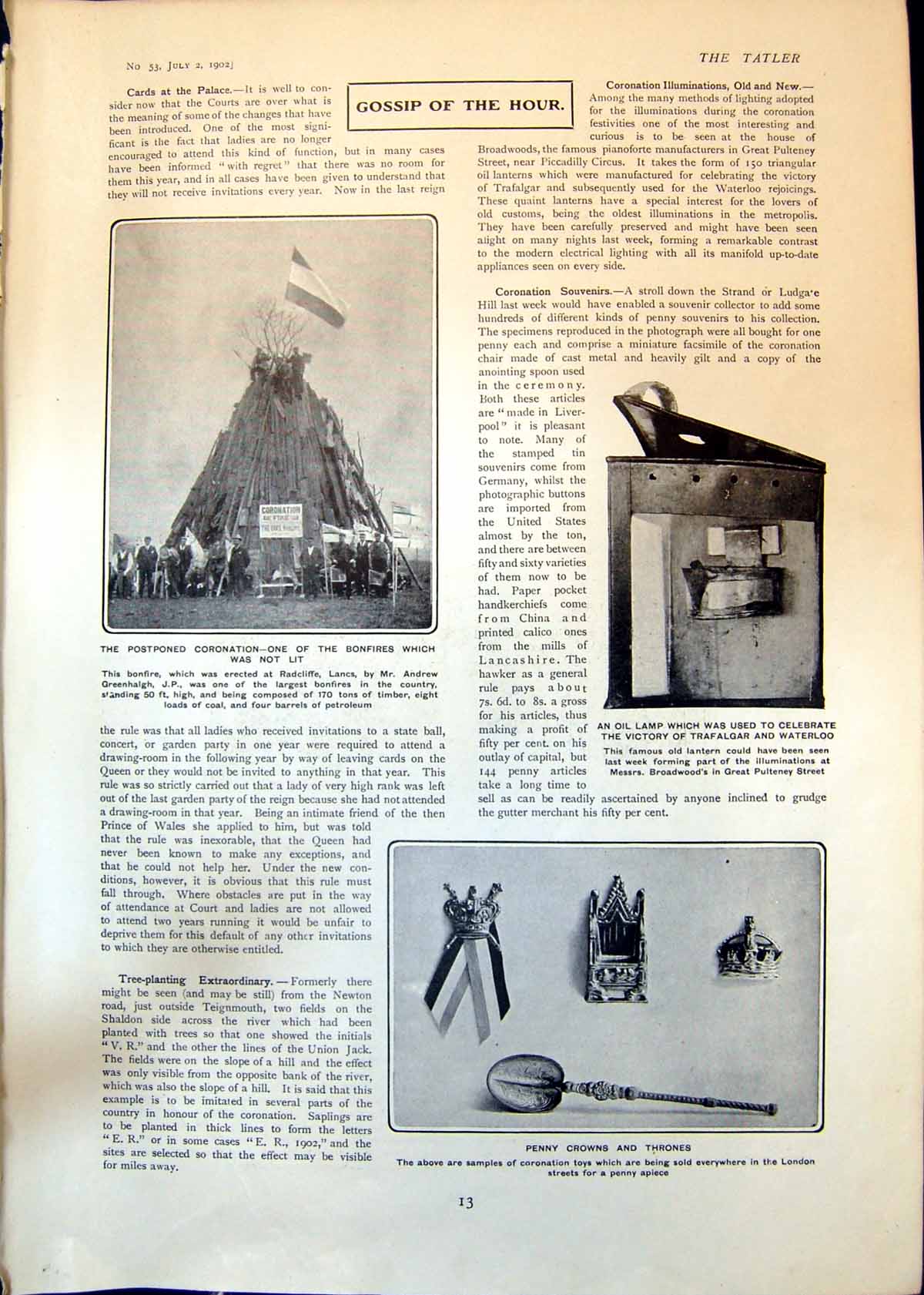 Antique Print Postponed Coronation Bonfire Penny Crowns Church School 1902 20th