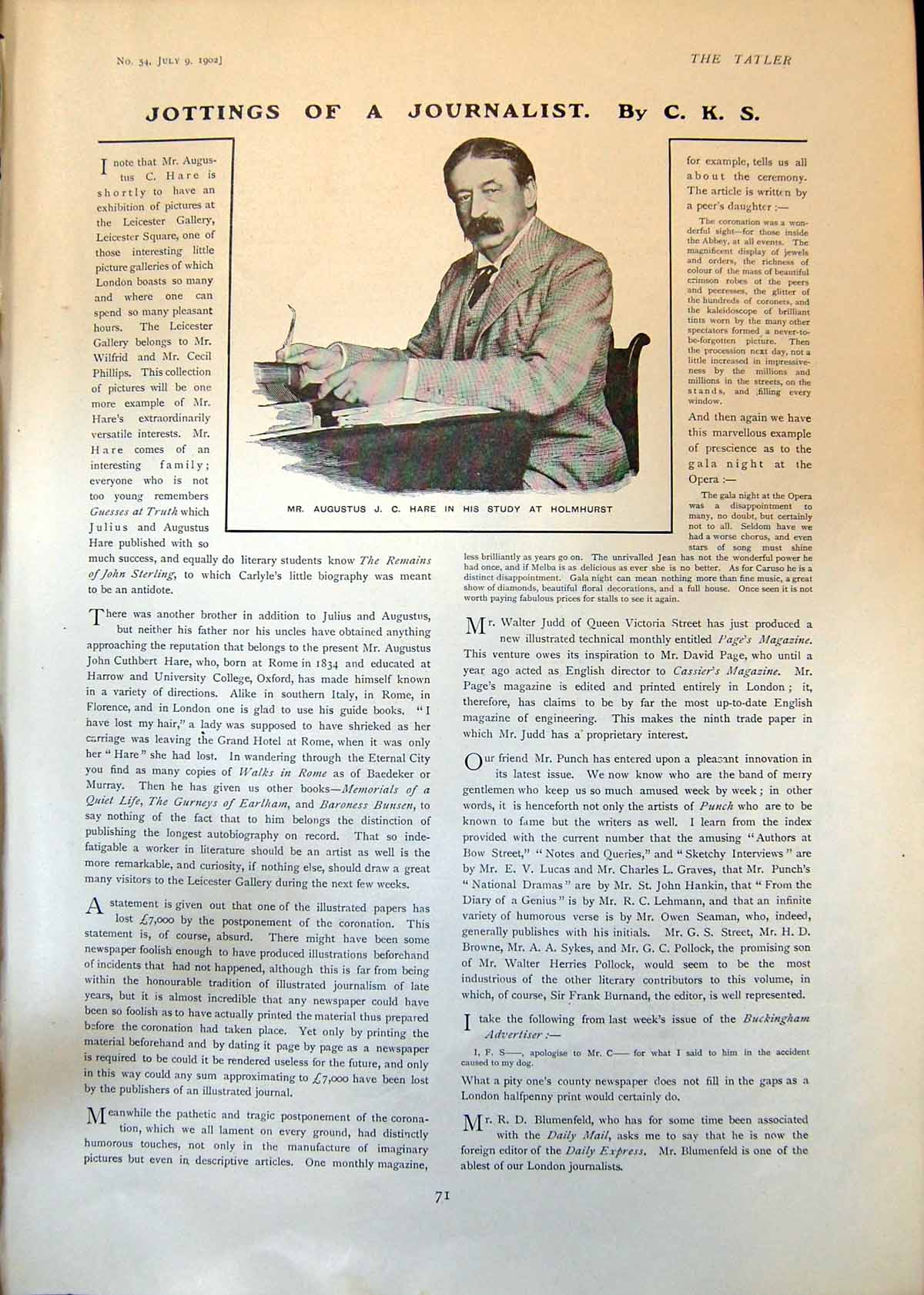 Old Augustus Hare Study Holmhurst Lord Hawke Harrow Capt C Eyre 1902 20th