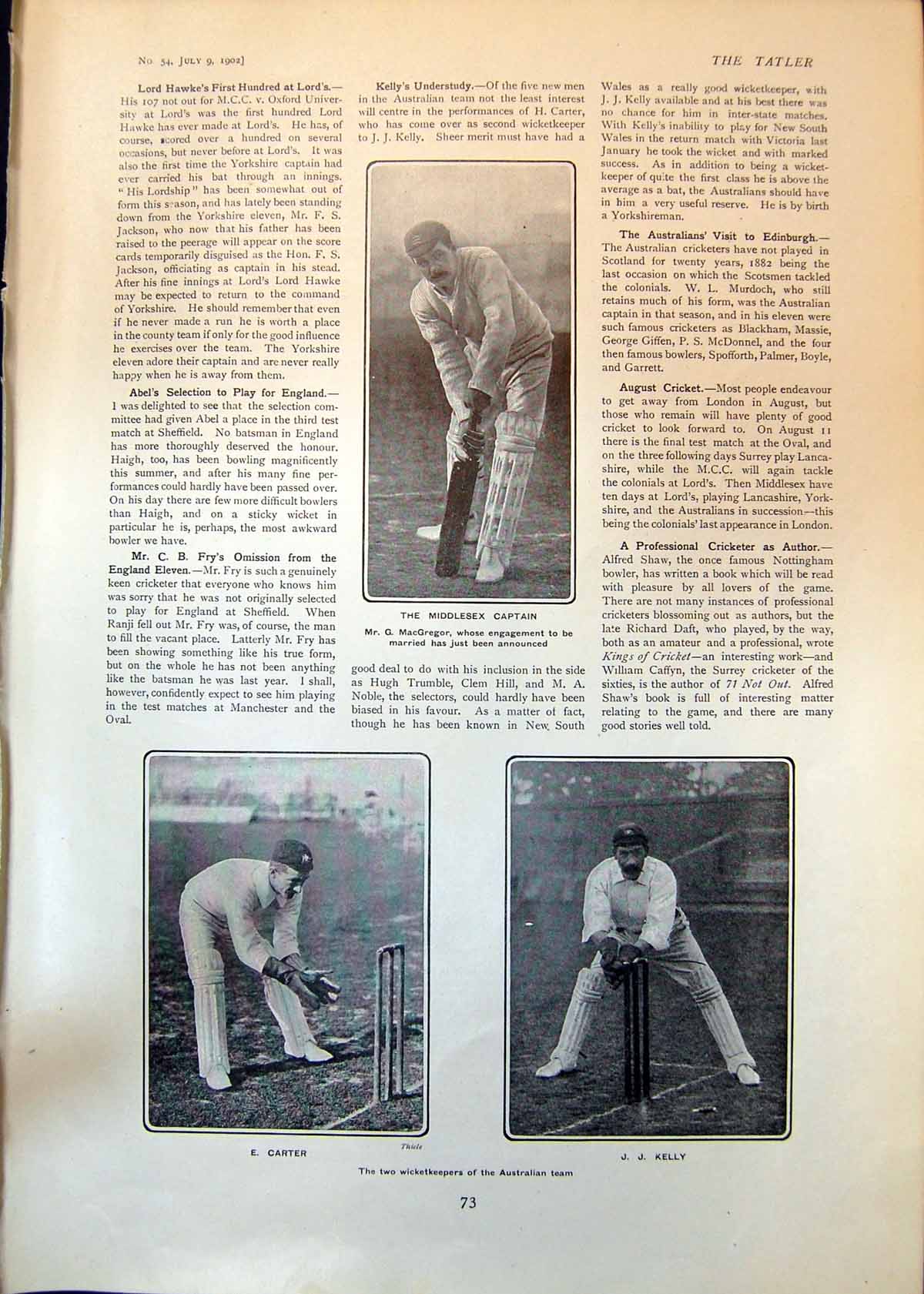 Old G Macgregor Middlesex Captain Wicketkeepers E Carter J Kelly 1902 20th