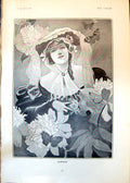 Original Old Antique Print Summer Lady Dress Hat Flowers Butterflies 1902 20th