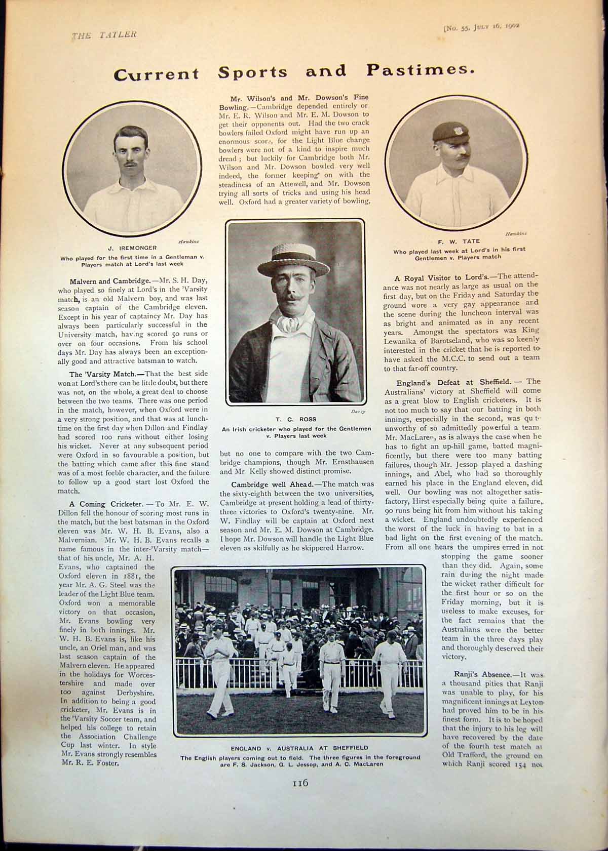 Old Cricket England V Australia Sheffield J Iremonger F Tate Lords 19 20th