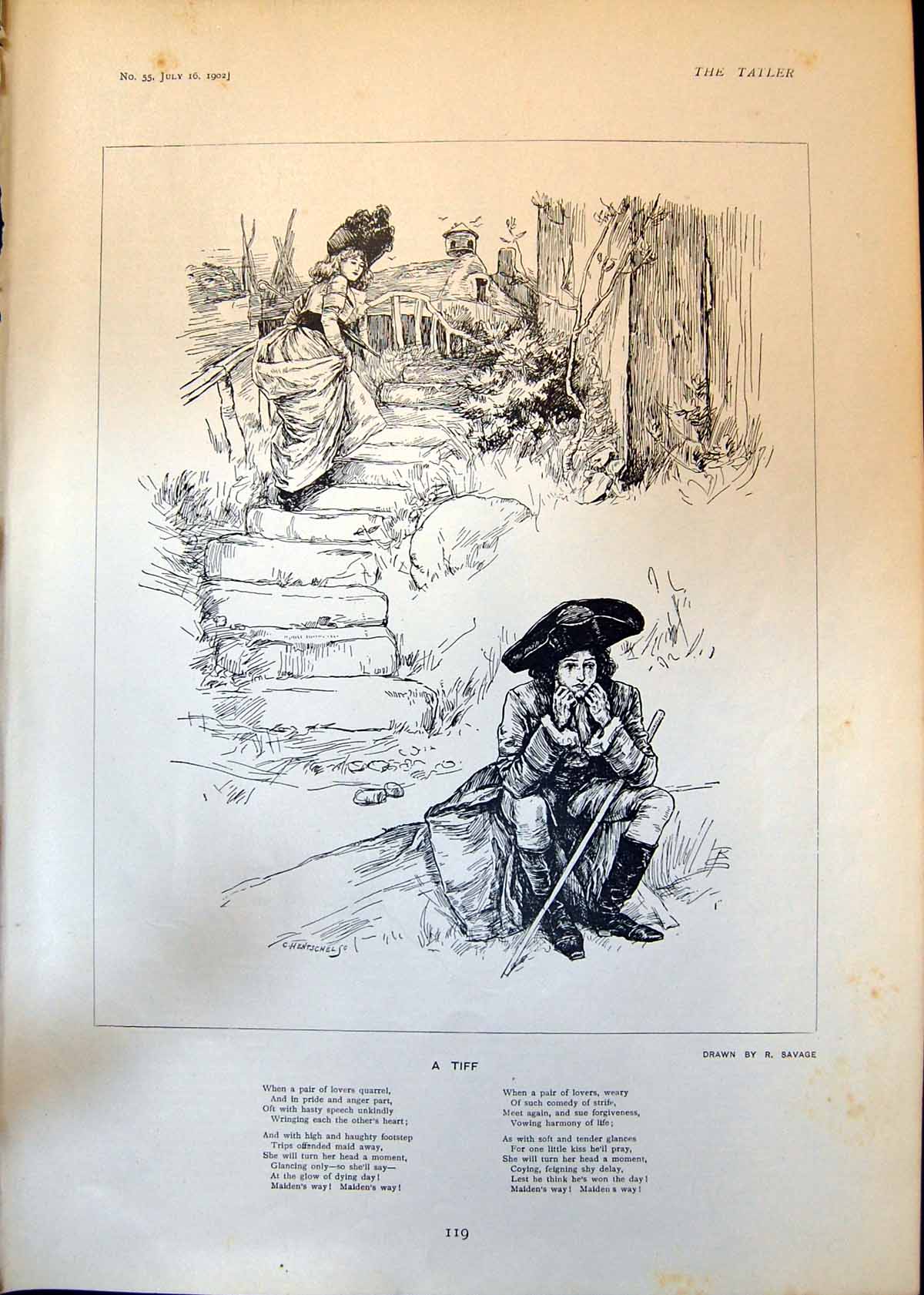Old Tiff R Savage Pair Lovers Quarrel Woman Walks Away Man Sulks 1902 20th