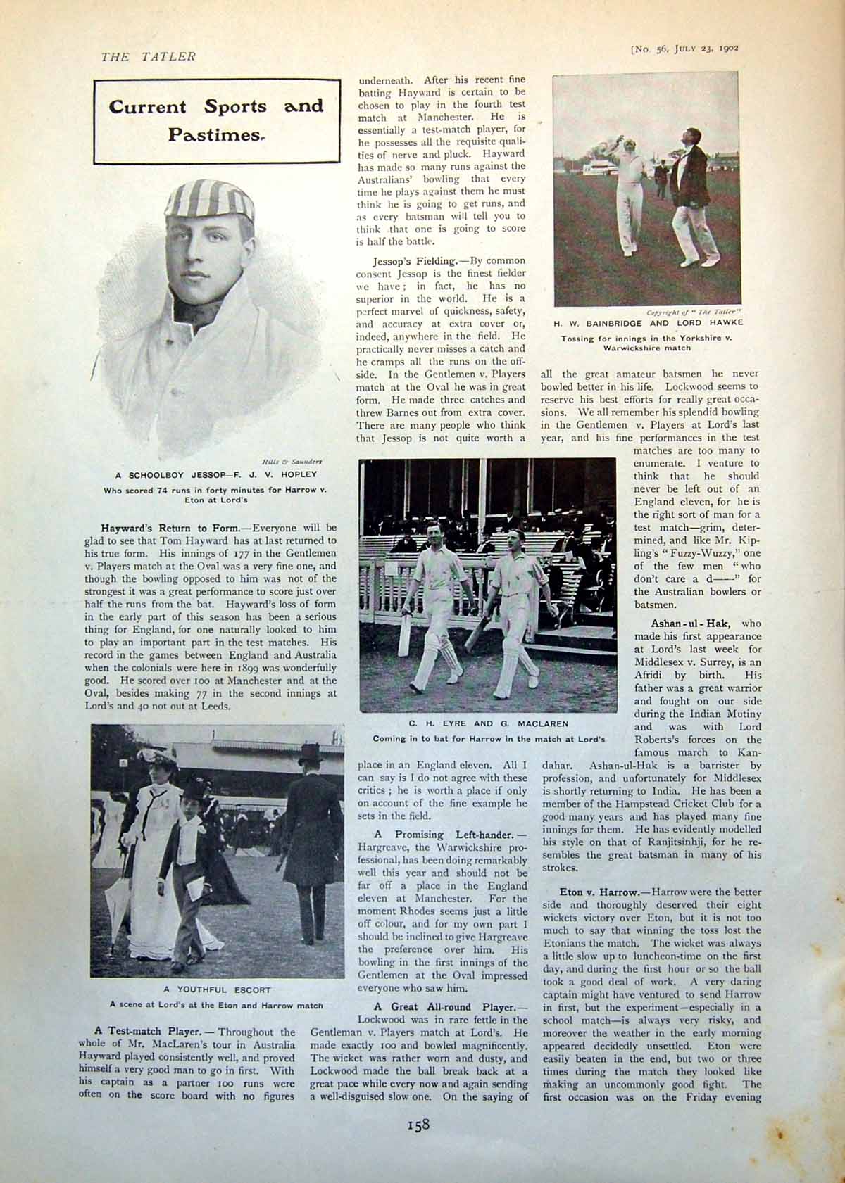 Old Print Cricket Schoolboy Jessop F Hopley H Bainbridge Lord Hawke 1902 20th