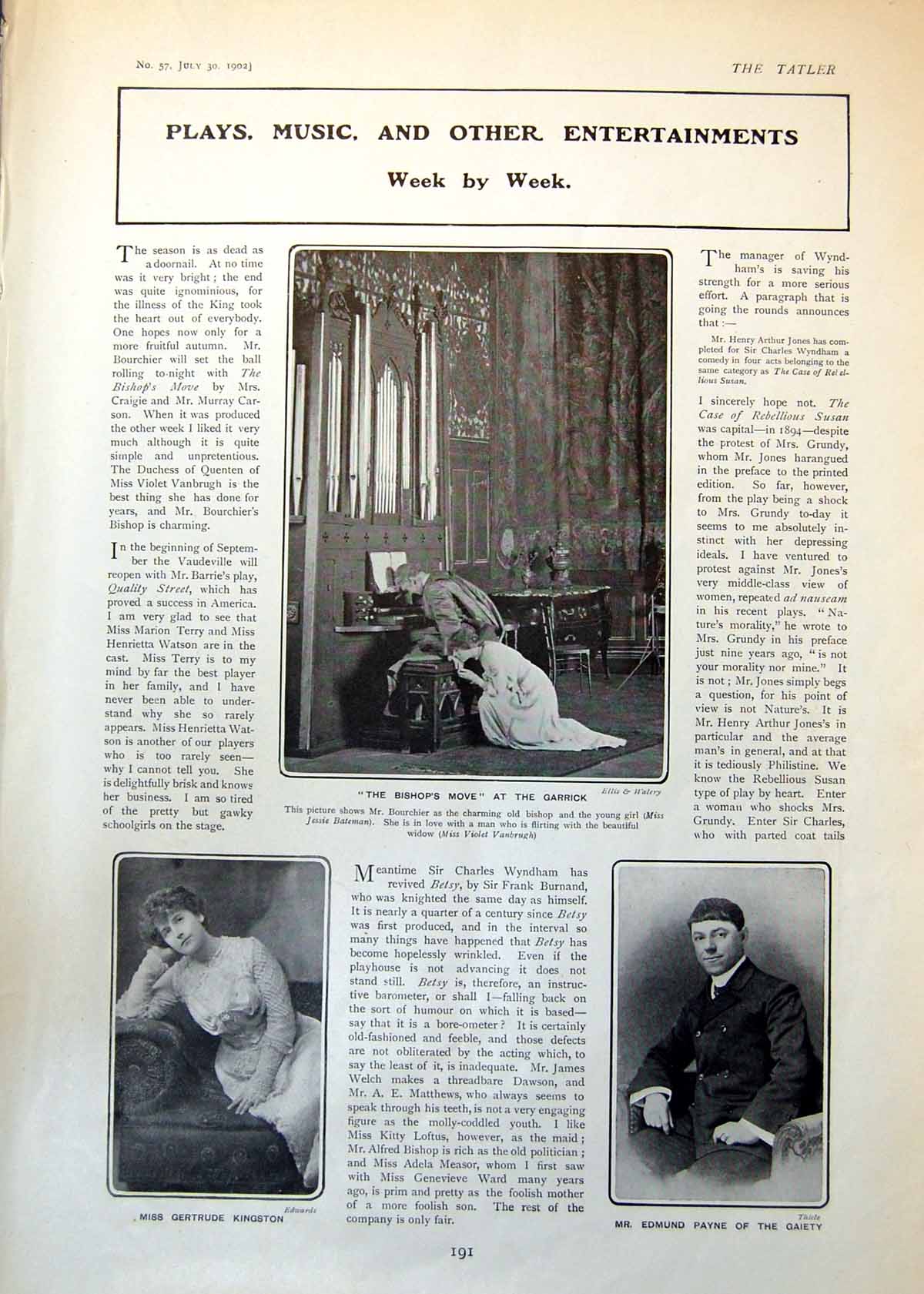 Old Print Bishops Move Garrick Gertrude Kingston Ethel Irving Dalys 1902 20th