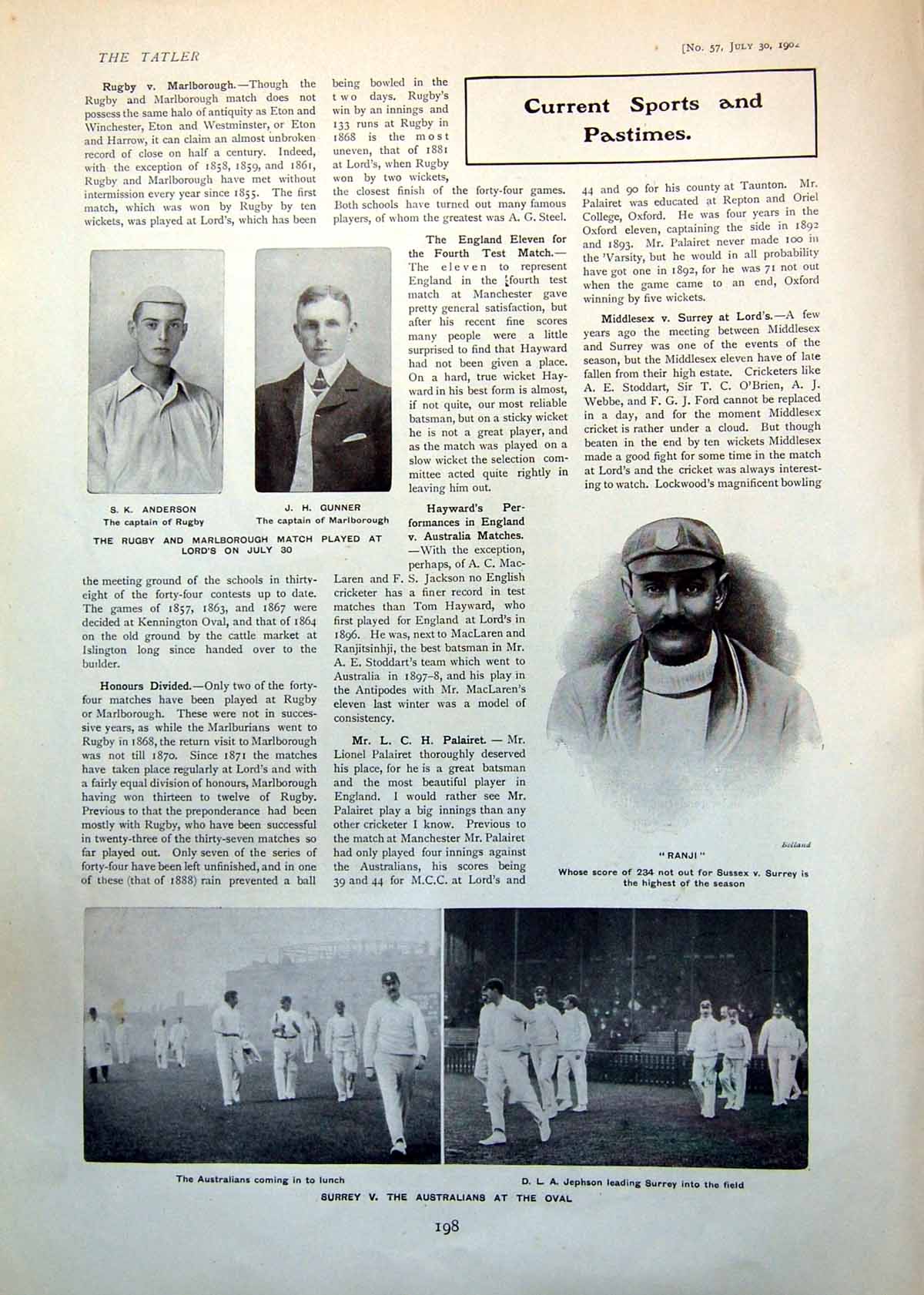 Old Surrey V Australians Oval Ranji Score 234 Rugby Marlborough 1902