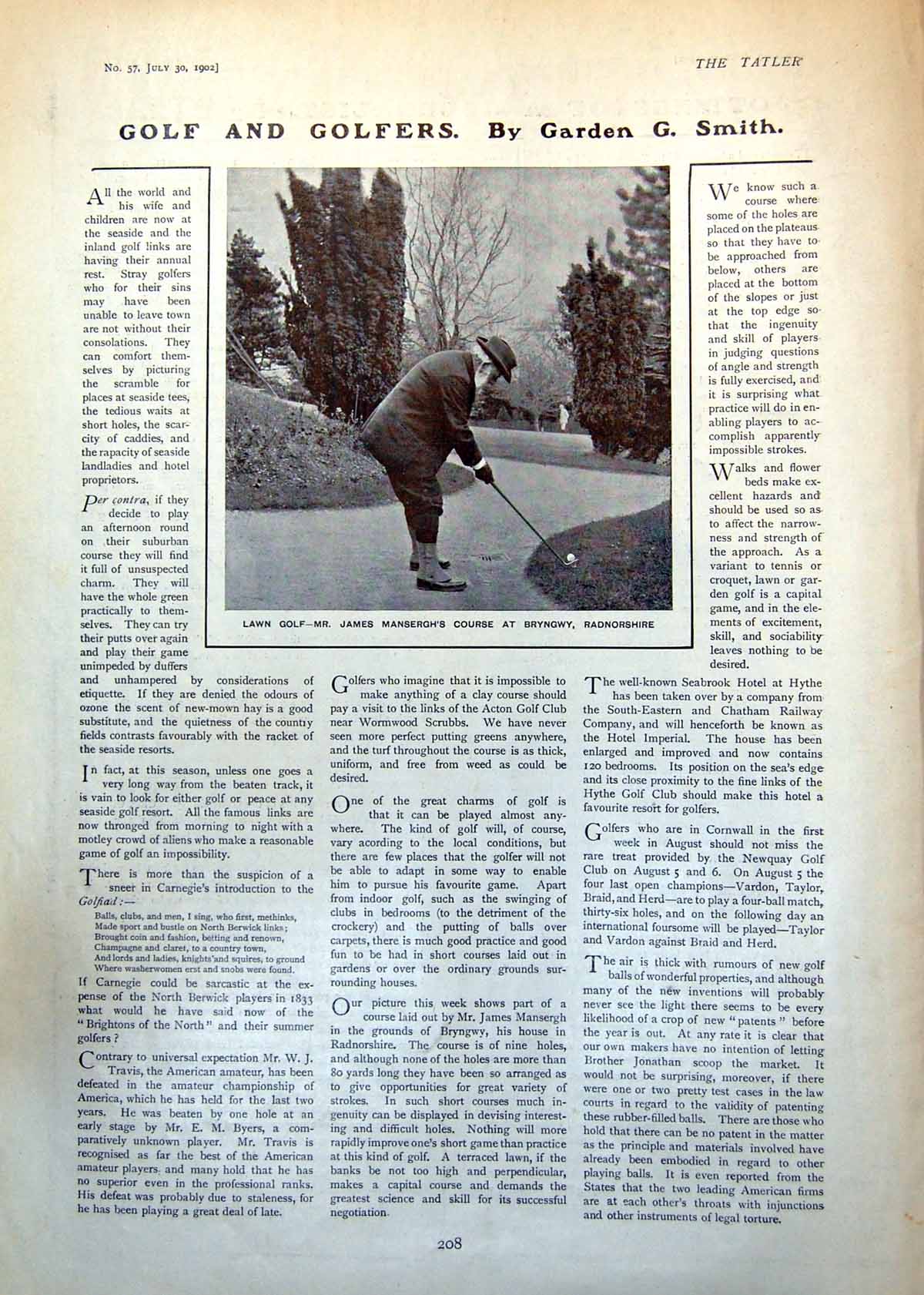 Antique Old Print Lawn Golf James Manserghs Course Bryngwy Radnorshire 1902
