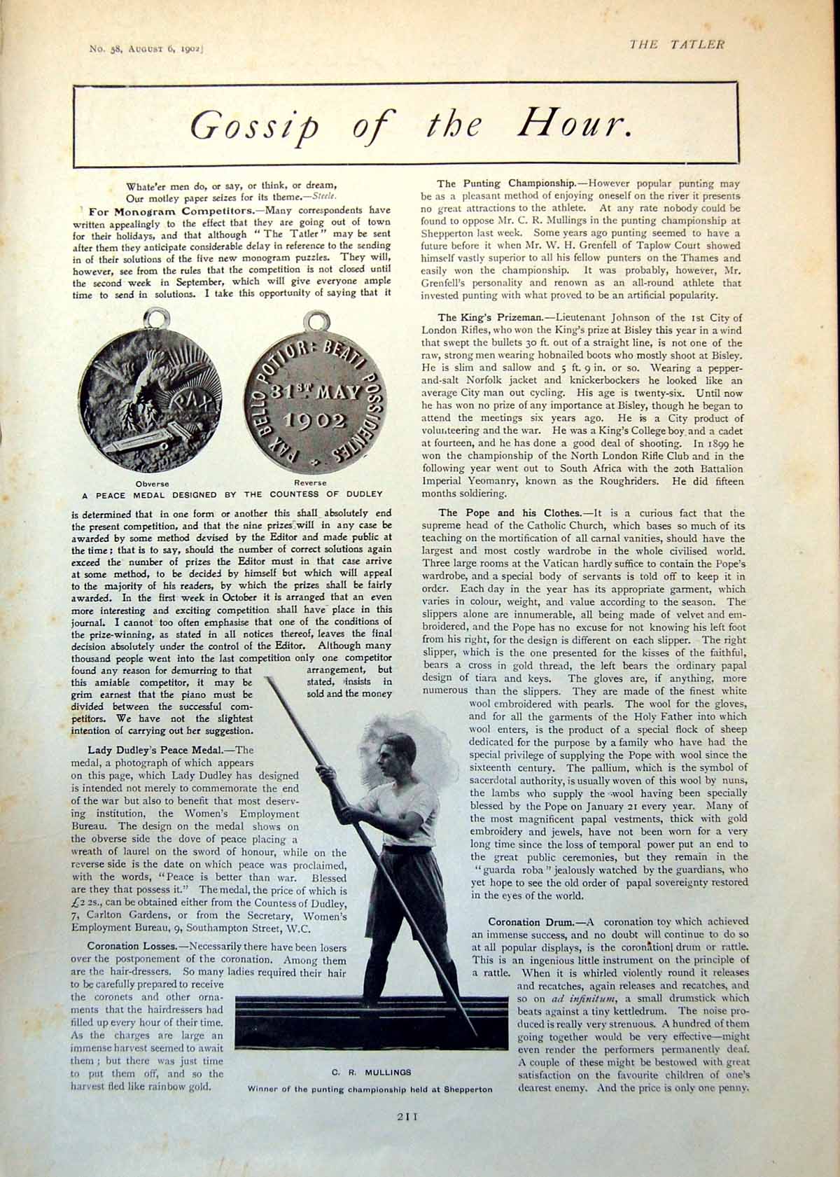 Old Print C Mullings Punting Peace Medal Goodwood Mauvezin Stewards 1902 20th