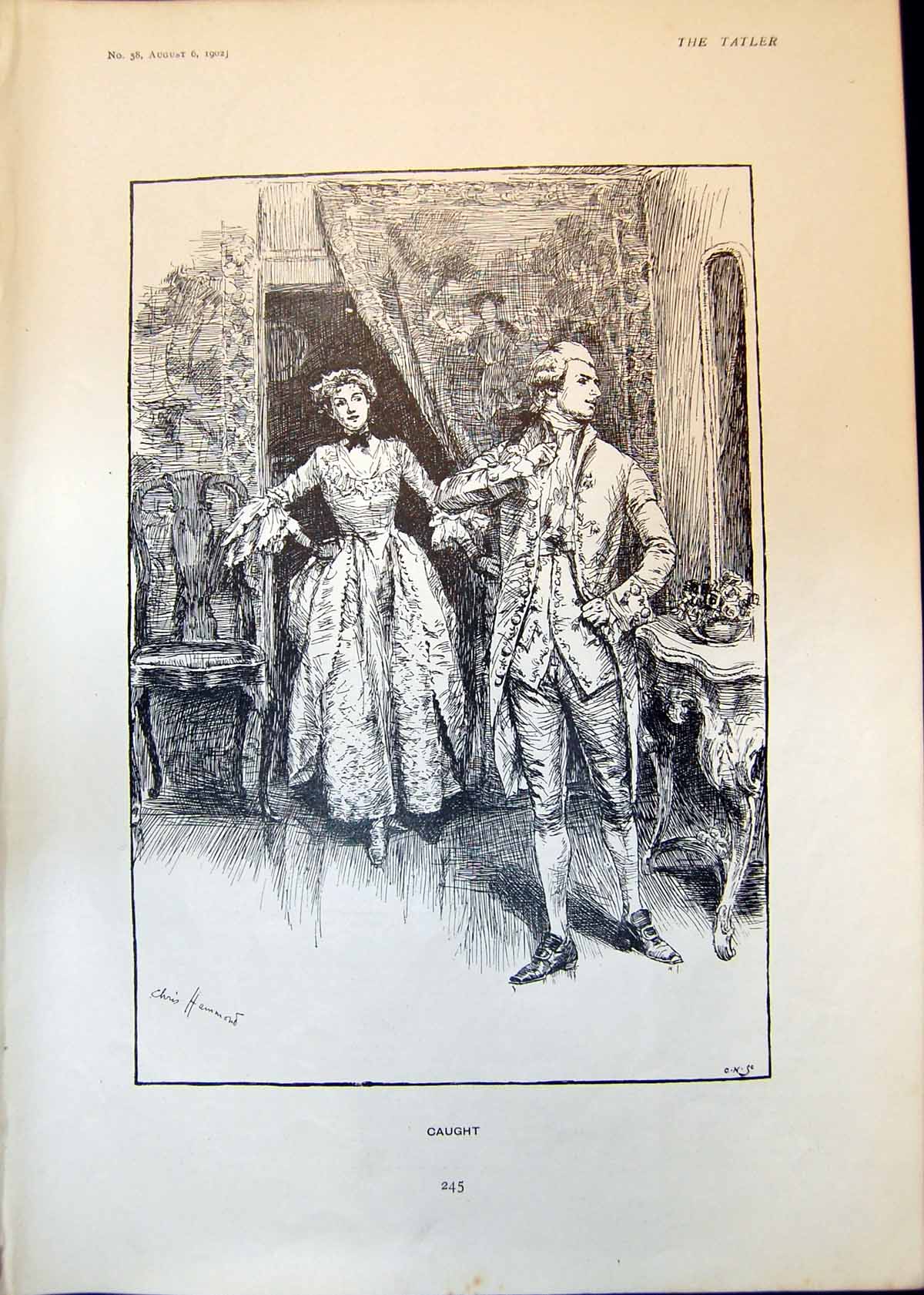 Antique Print Caught Chris Hammond Lady Enters Room Man Looking Mirror 1902