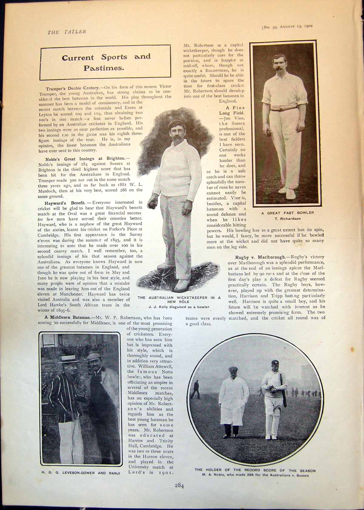Old Cricketers J Kelly T Richardson A Noble H Leveson-Gower Ranji 190 20th