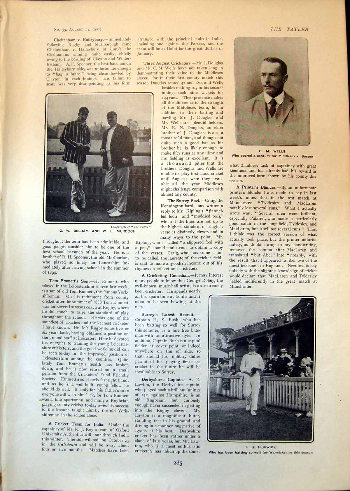 Old Cricket C Wells T Fishwick Beldam Capt Andrews Bride Dark Secre
