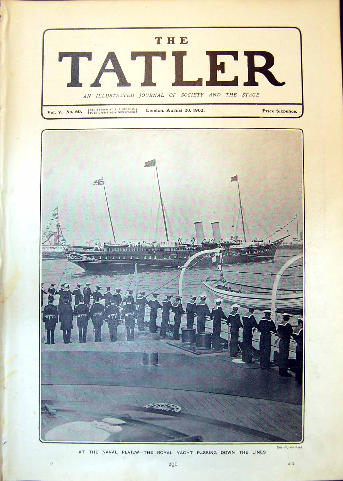 Original Old Antique Print Naval Review Royal Yacht Passing Down Lines 1902