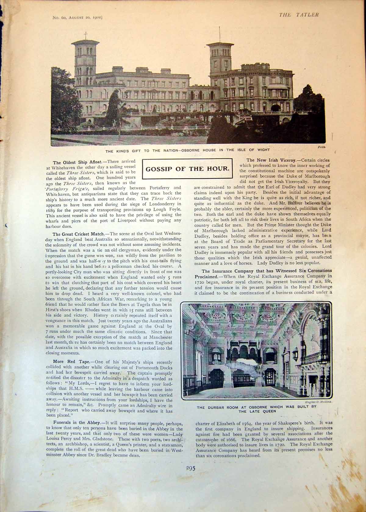 Old Antique Print Osborne House Isle Wight Durbar Room Lord Rosebery 1902 20th