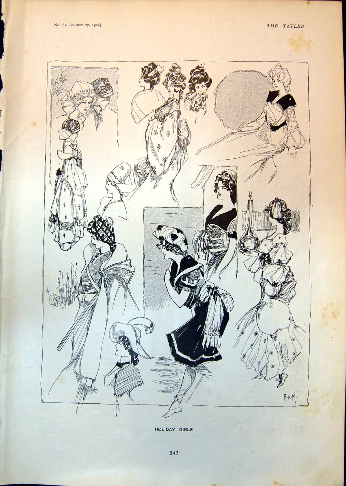 Original Old Antique Print Holiday Girls Various Hairstyles Hats Dresses 1902