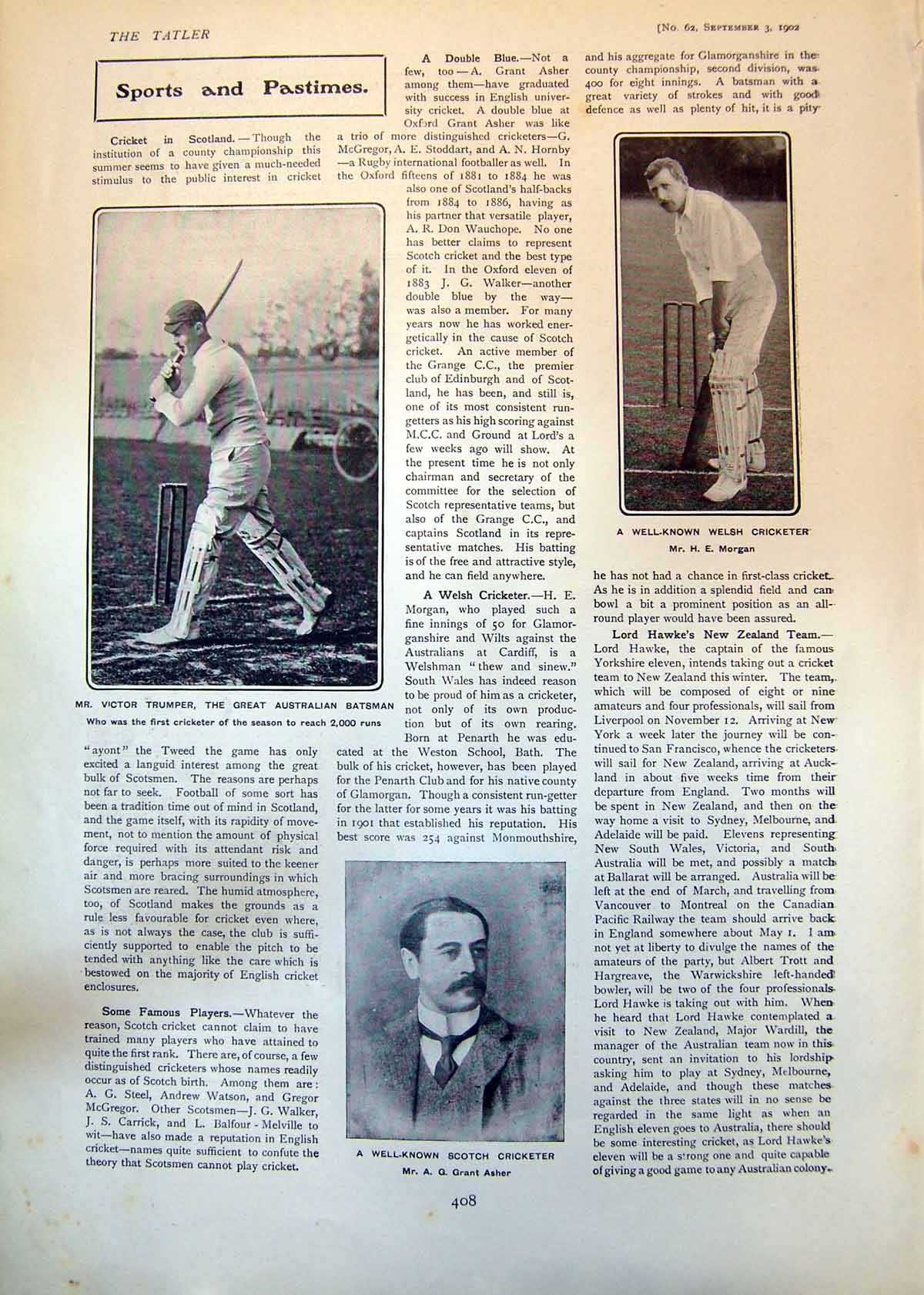 Old Print Cricketers Victor Trumper Australia A Grant Asher H Morgan 1902 20th
